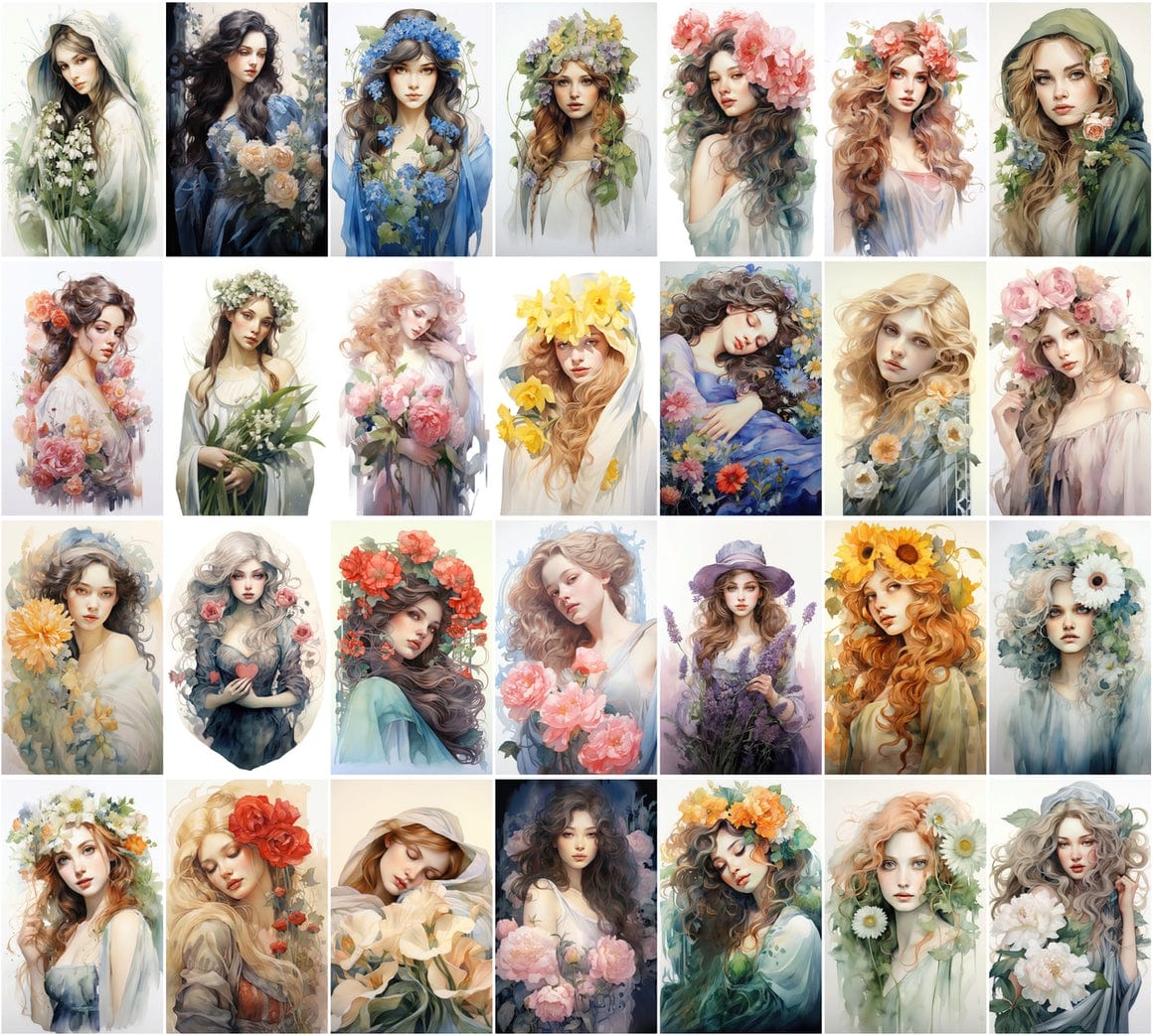 Art Nouveau Woman Images, 220 PNGs, Watercolor Style, Commercial License Included Digital Download Sumobundle