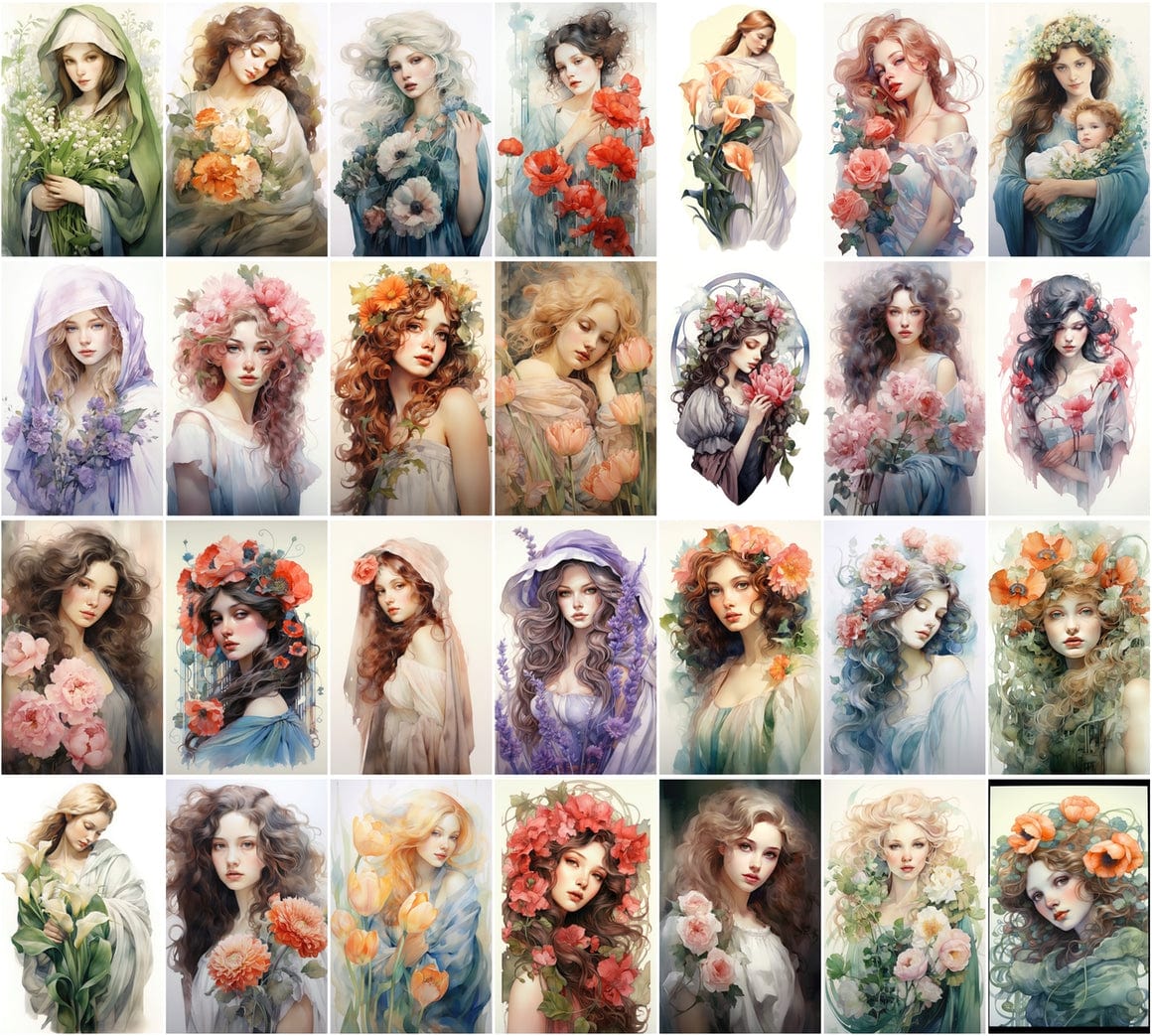 Art Nouveau Woman Images, 220 PNGs, Watercolor Style, Commercial License Included Digital Download Sumobundle