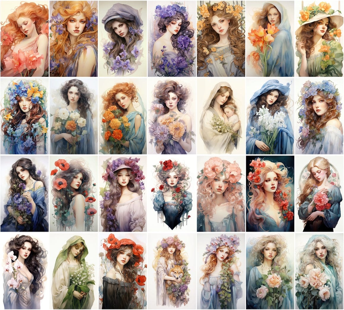 Art Nouveau Woman Images, 220 PNGs, Watercolor Style, Commercial License Included Digital Download Sumobundle