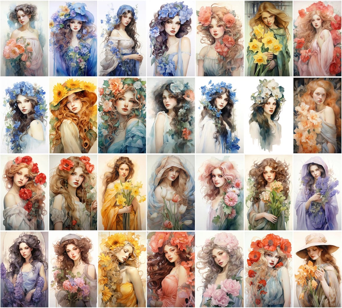 Art Nouveau Woman Images, 220 PNGs, Watercolor Style, Commercial License Included Digital Download Sumobundle