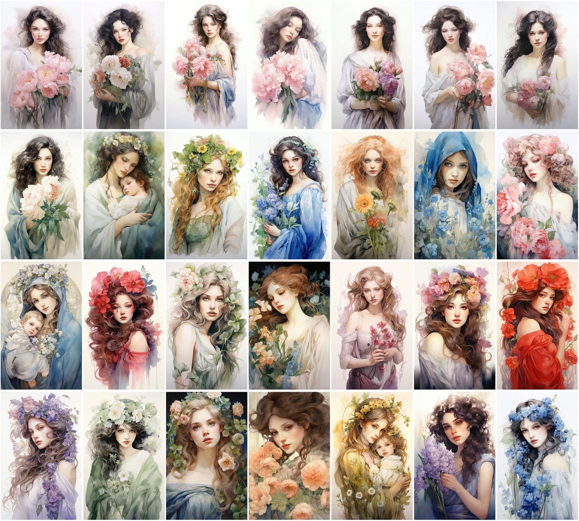 Art Nouveau Woman Images, 220 PNGs, Watercolor Style, Commercial License Included Digital Download Sumobundle