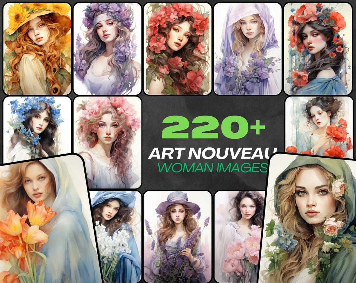 Art Nouveau Woman Images, 220 PNGs, Watercolor Style, Commercial License Included Digital Download Sumobundle