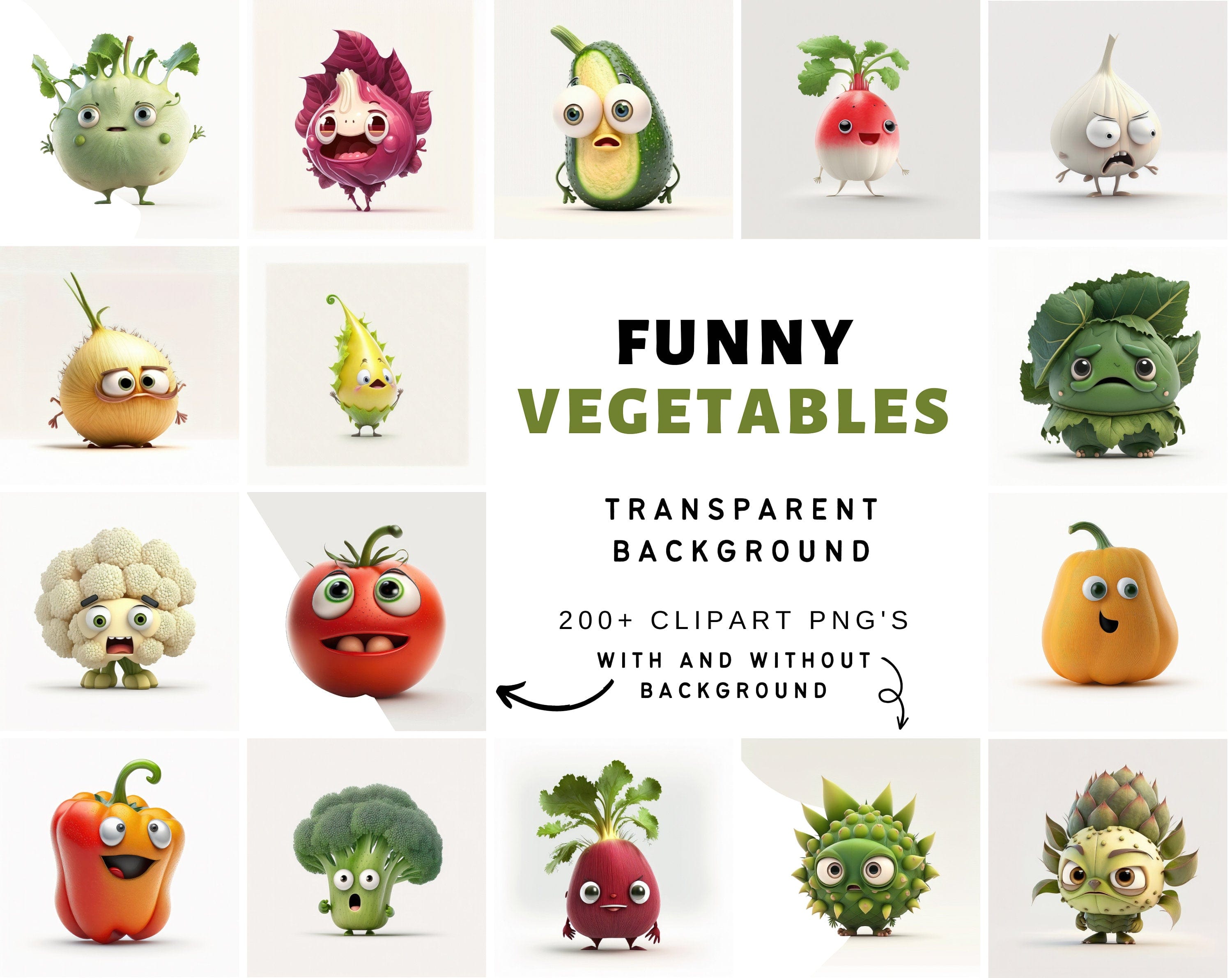 Bundle of 200+ Funny Vegetable Images with No Background and Shadow Background, Humorous Vegetable Images - Perfect for Posters, Stickers Digital Download Sumobundle