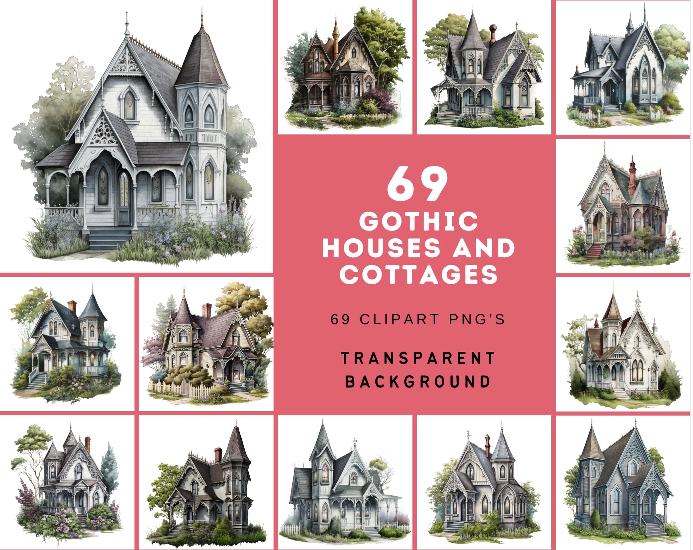 Bundle of 69 Gothic Houses and Cottages - Transparent Digital Images - Vintage-Inspired, Darkly Romantic PNG Clipart Collection for Crafting Digital Download Sumobundle