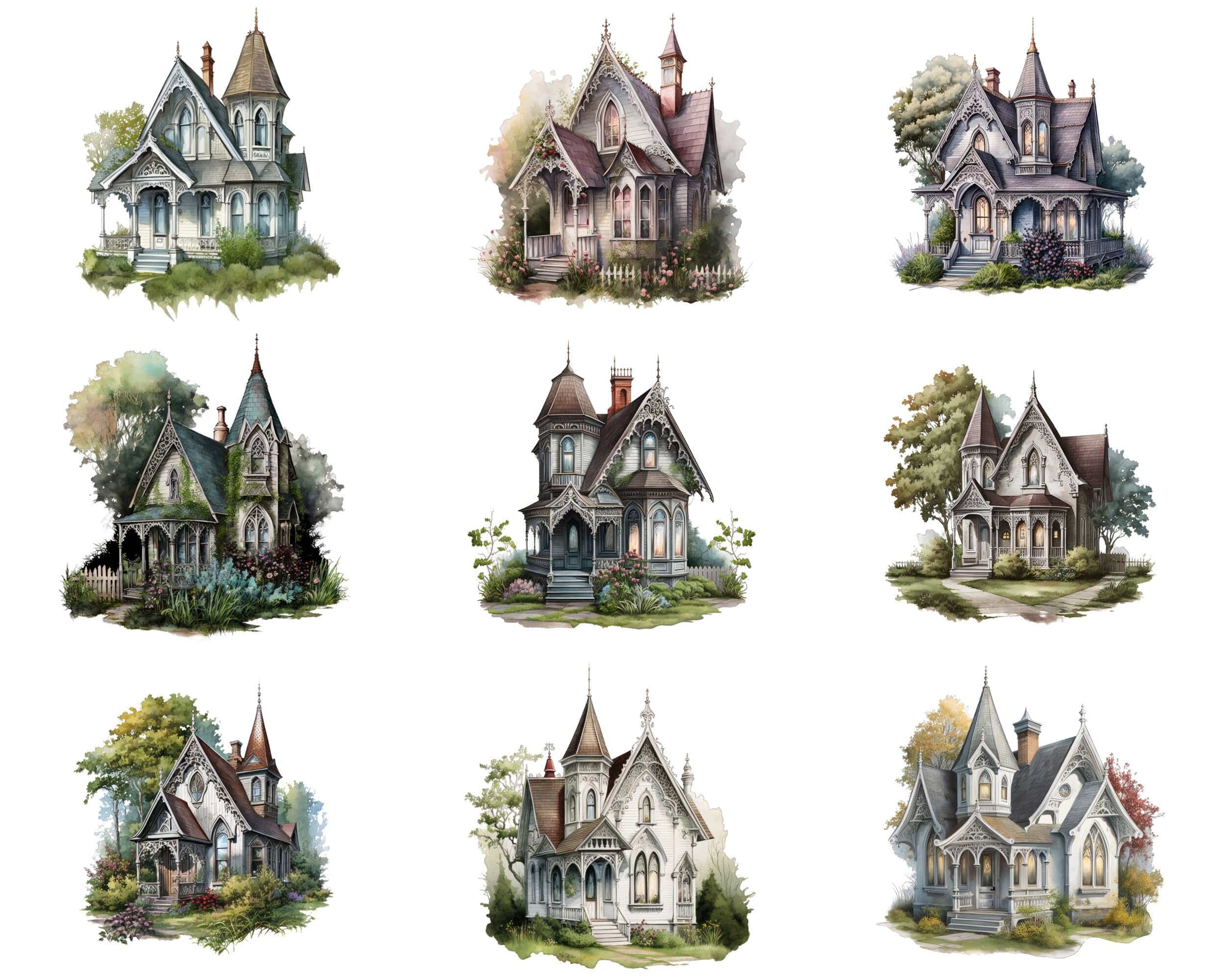 Bundle of 69 Gothic Houses and Cottages - Transparent Digital Images - Vintage-Inspired, Darkly Romantic PNG Clipart Collection for Crafting Digital Download Sumobundle