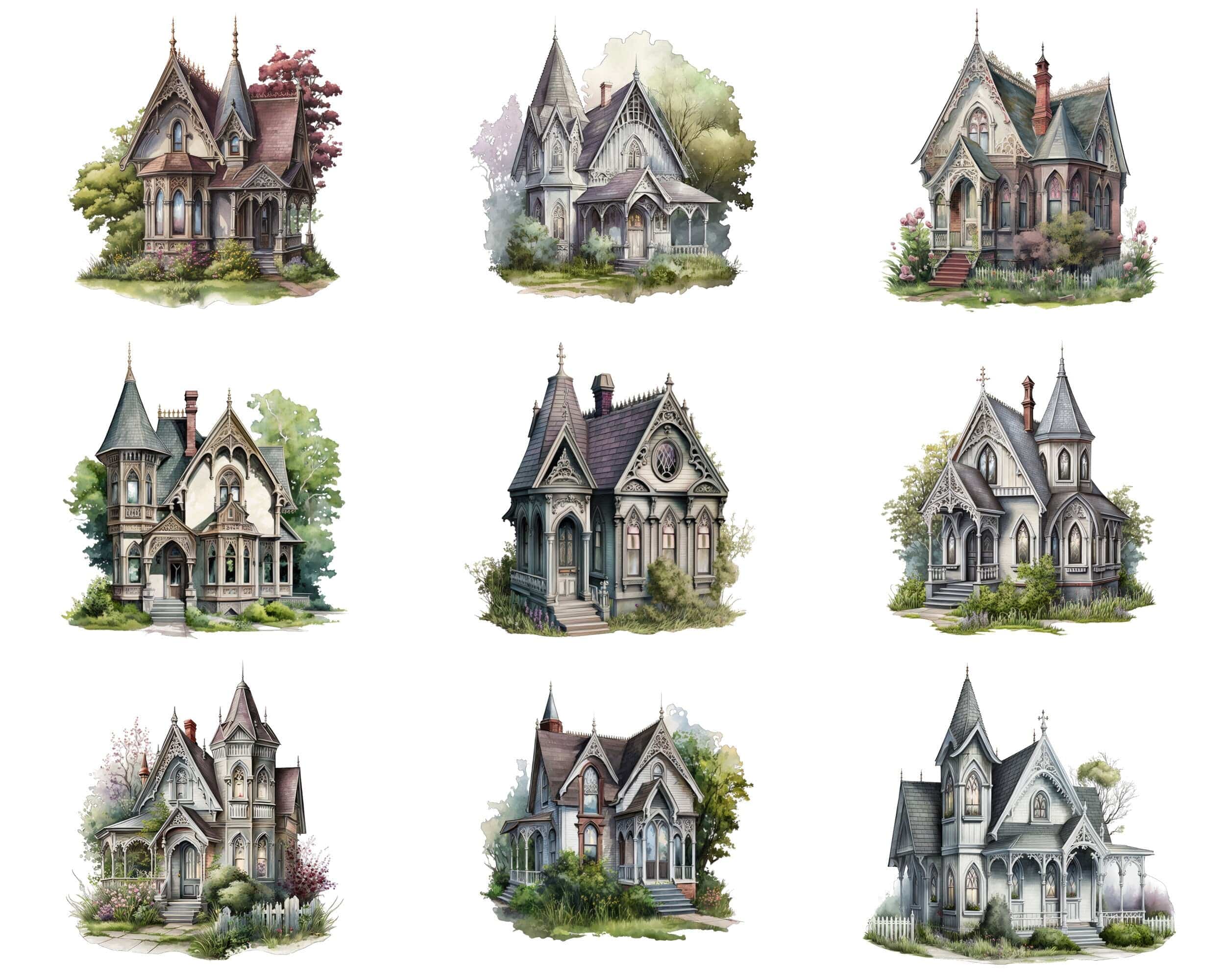 Bundle of 69 Gothic Houses and Cottages - Transparent Digital Images - Vintage-Inspired, Darkly Romantic PNG Clipart Collection for Crafting Digital Download Sumobundle