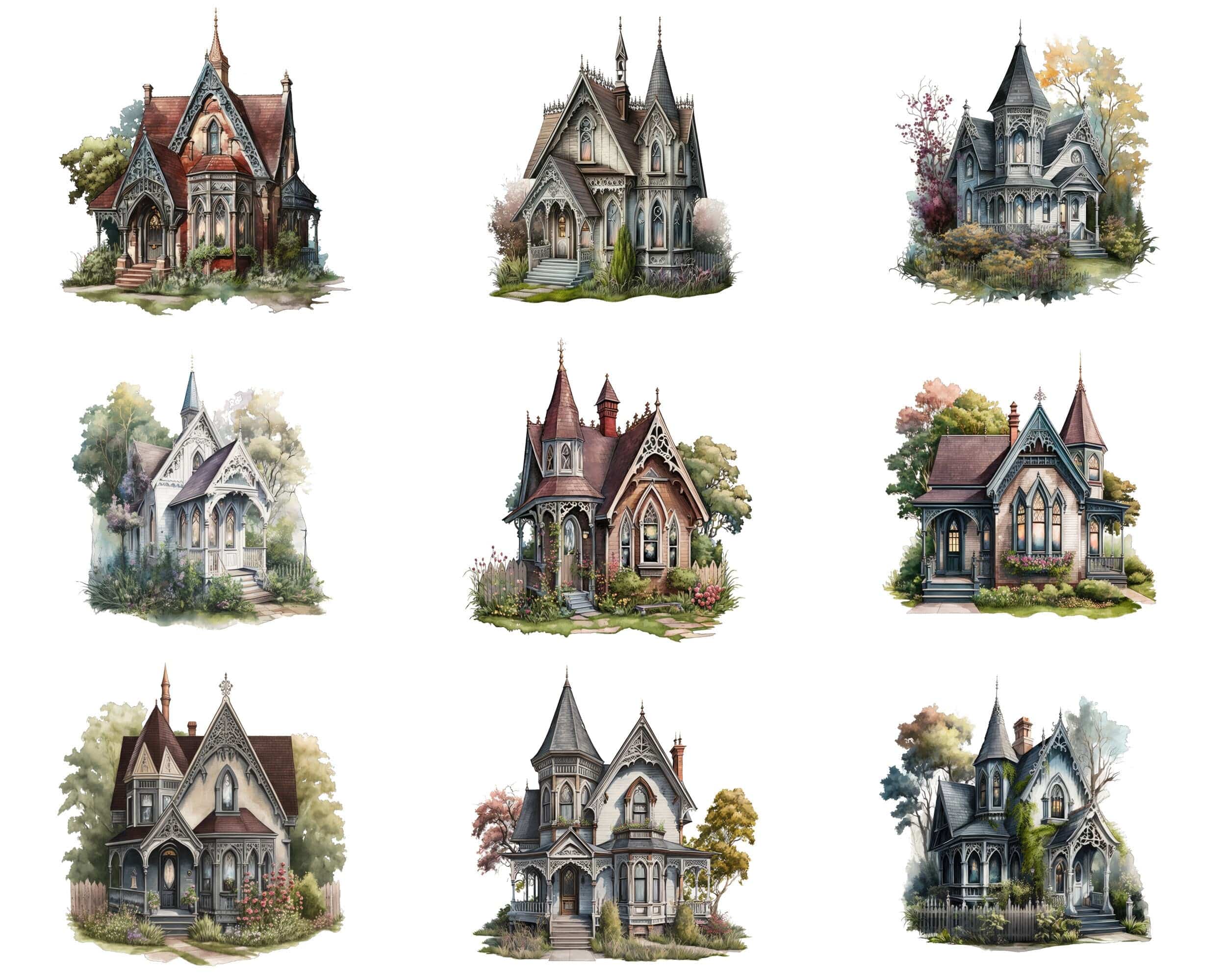 Bundle of 69 Gothic Houses and Cottages - Transparent Digital Images - Vintage-Inspired, Darkly Romantic PNG Clipart Collection for Crafting Digital Download Sumobundle