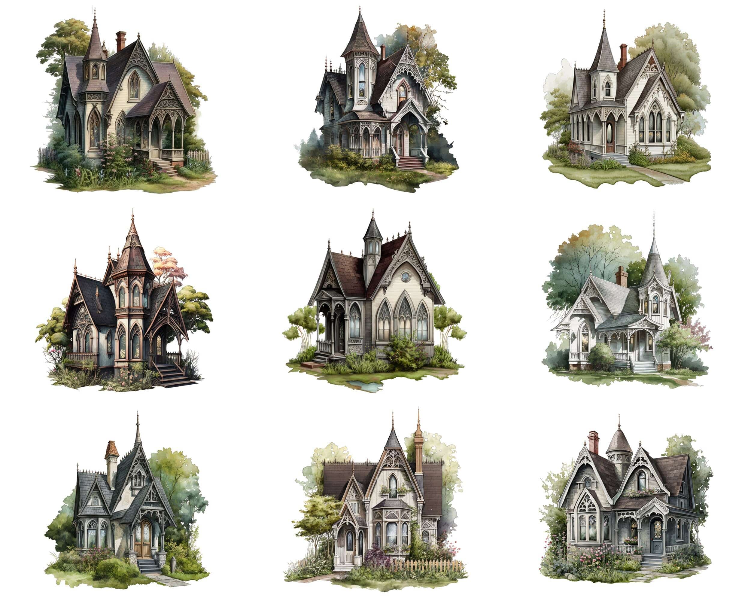 Bundle of 69 Gothic Houses and Cottages - Transparent Digital Images - Vintage-Inspired, Darkly Romantic PNG Clipart Collection for Crafting Digital Download Sumobundle