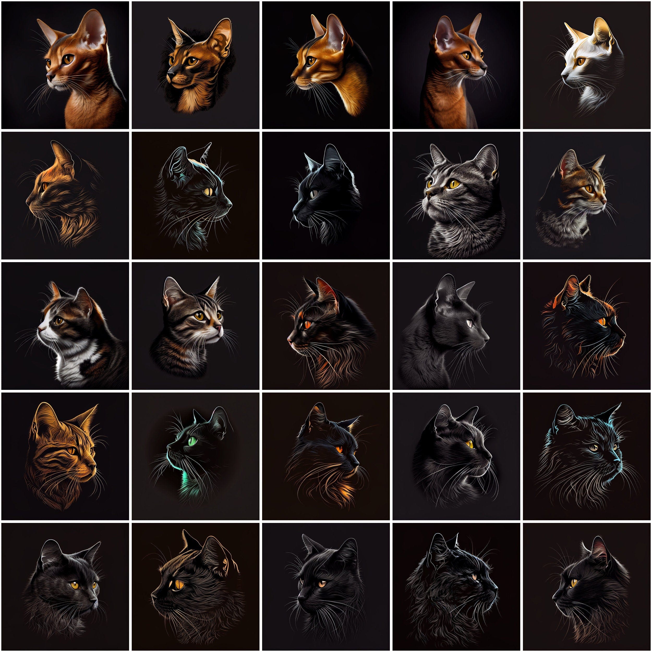 Cat Breeds Around the World, 480 Cat Breed Images with Commercial License, Cat clipart with different breeds isolated on black bakground Digital Download Sumobundle