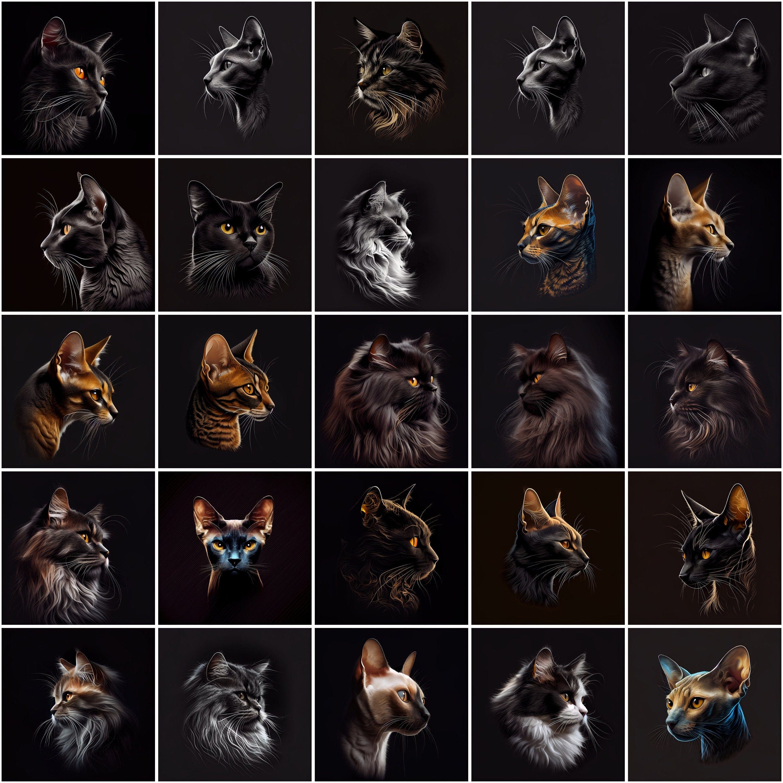 Cat Breeds Around the World, 480 Cat Breed Images with Commercial License, Cat clipart with different breeds isolated on black bakground Digital Download Sumobundle