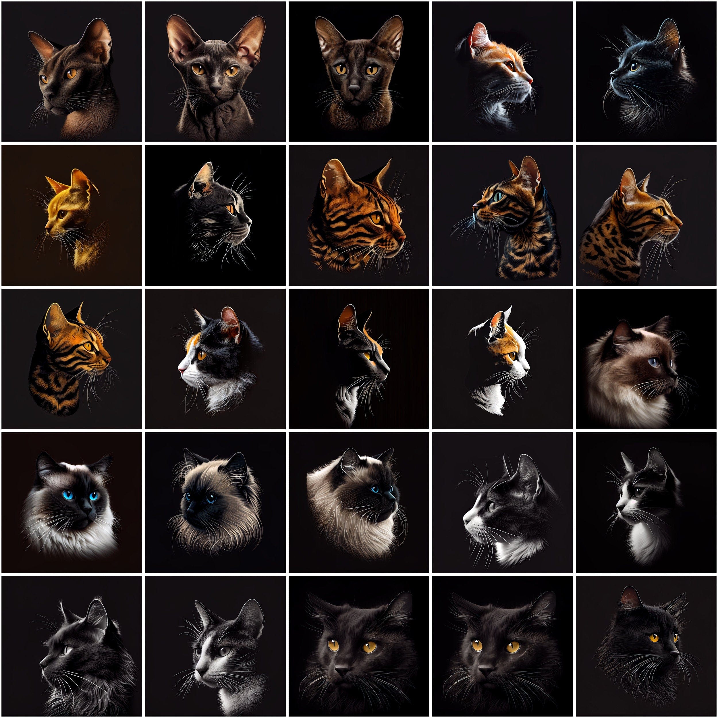 Cat Breeds Around the World, 480 Cat Breed Images with Commercial License, Cat clipart with different breeds isolated on black bakground Digital Download Sumobundle
