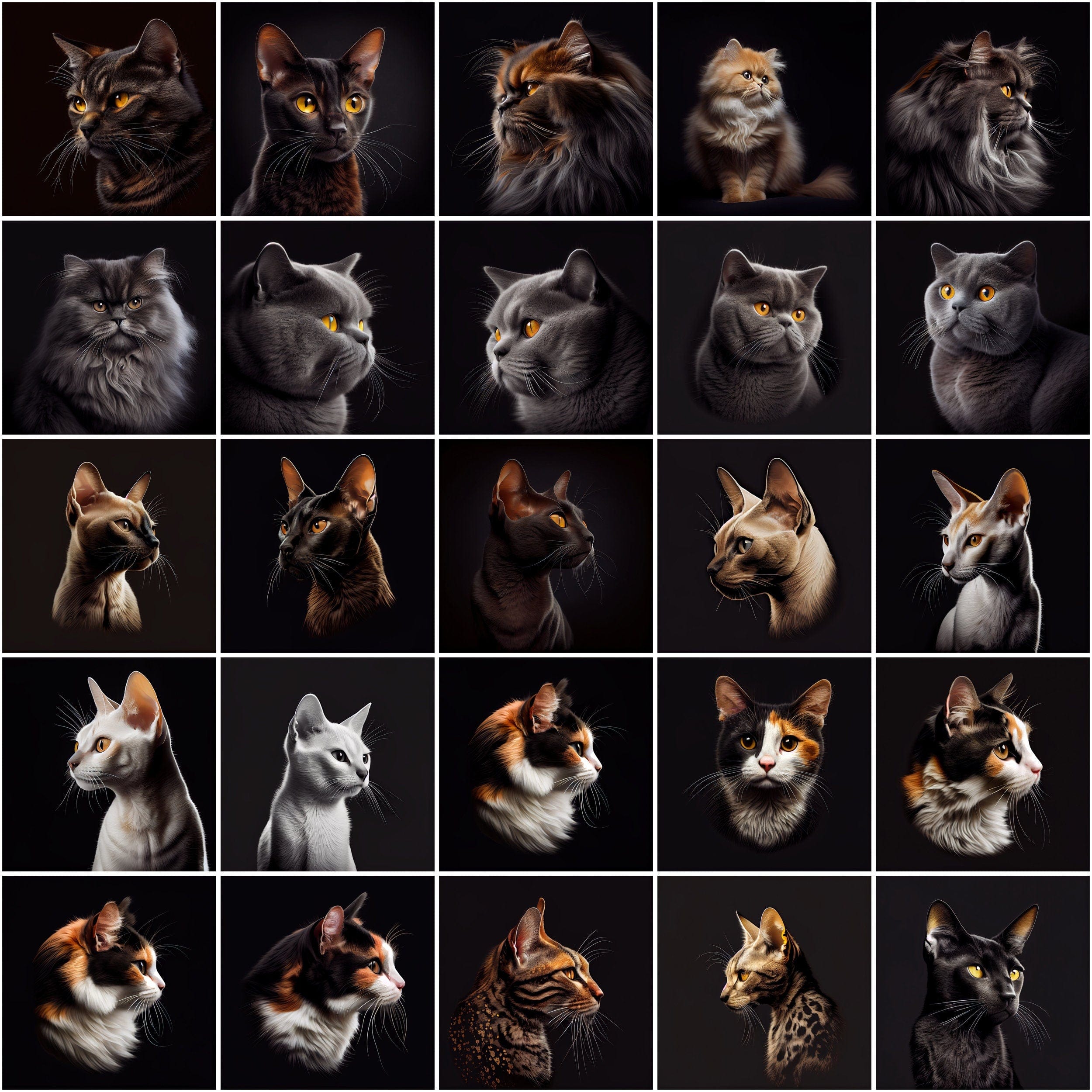 Cat Breeds Around the World, 480 Cat Breed Images with Commercial License, Cat clipart with different breeds isolated on black bakground Digital Download Sumobundle