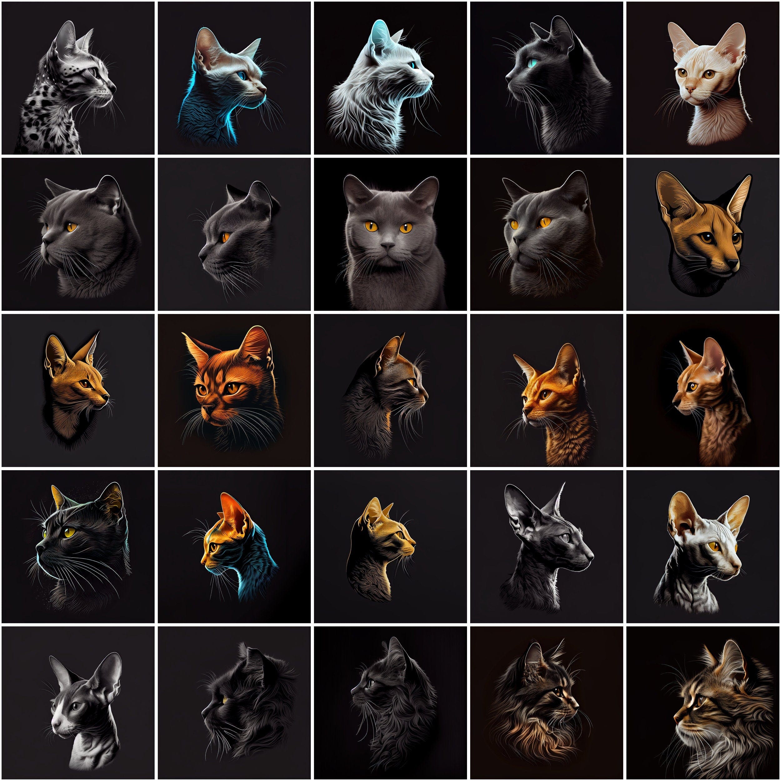 Cat Breeds Around the World, 480 Cat Breed Images with Commercial License, Cat clipart with different breeds isolated on black bakground Digital Download Sumobundle