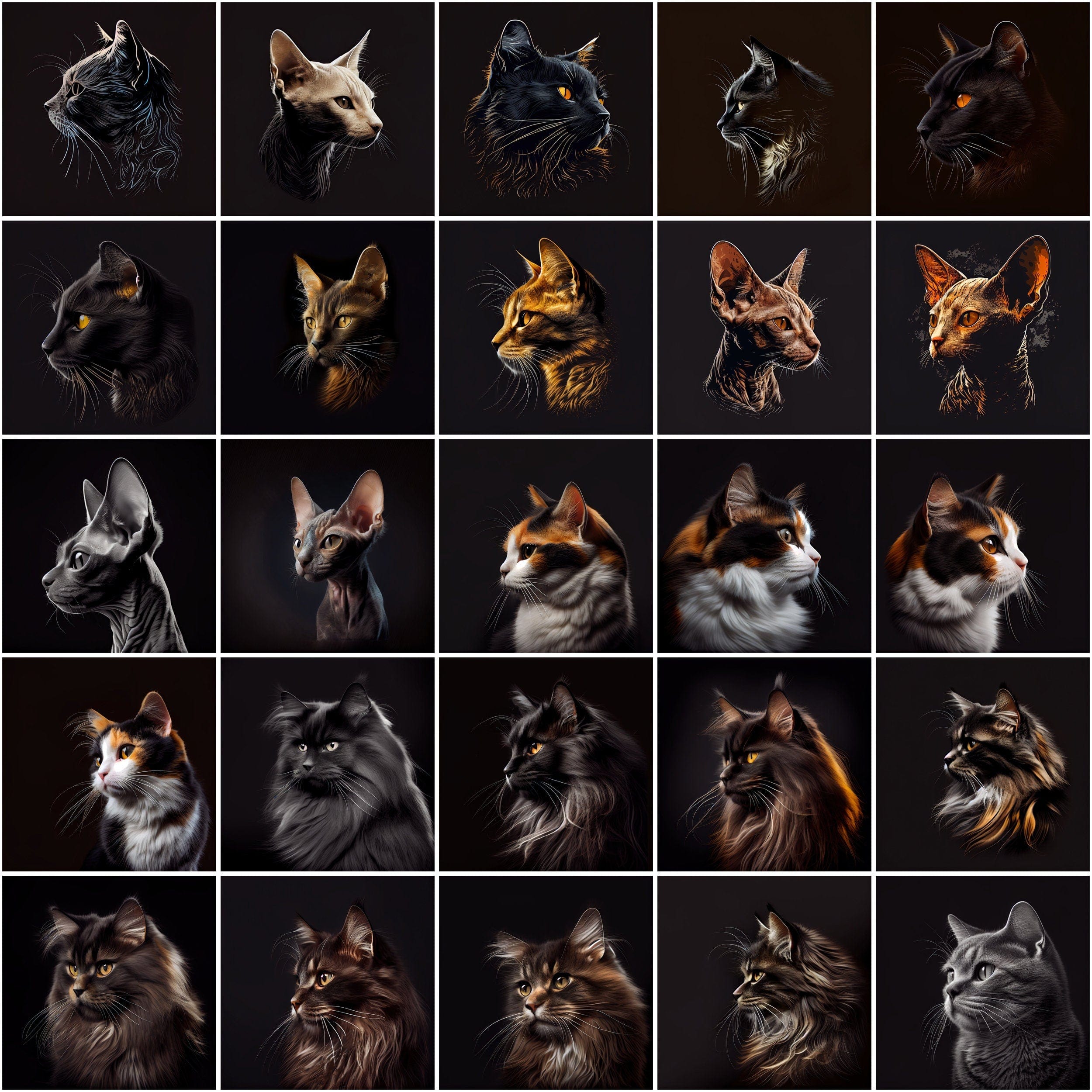 Cat Breeds Around the World, 480 Cat Breed Images with Commercial License, Cat clipart with different breeds isolated on black bakground Digital Download Sumobundle