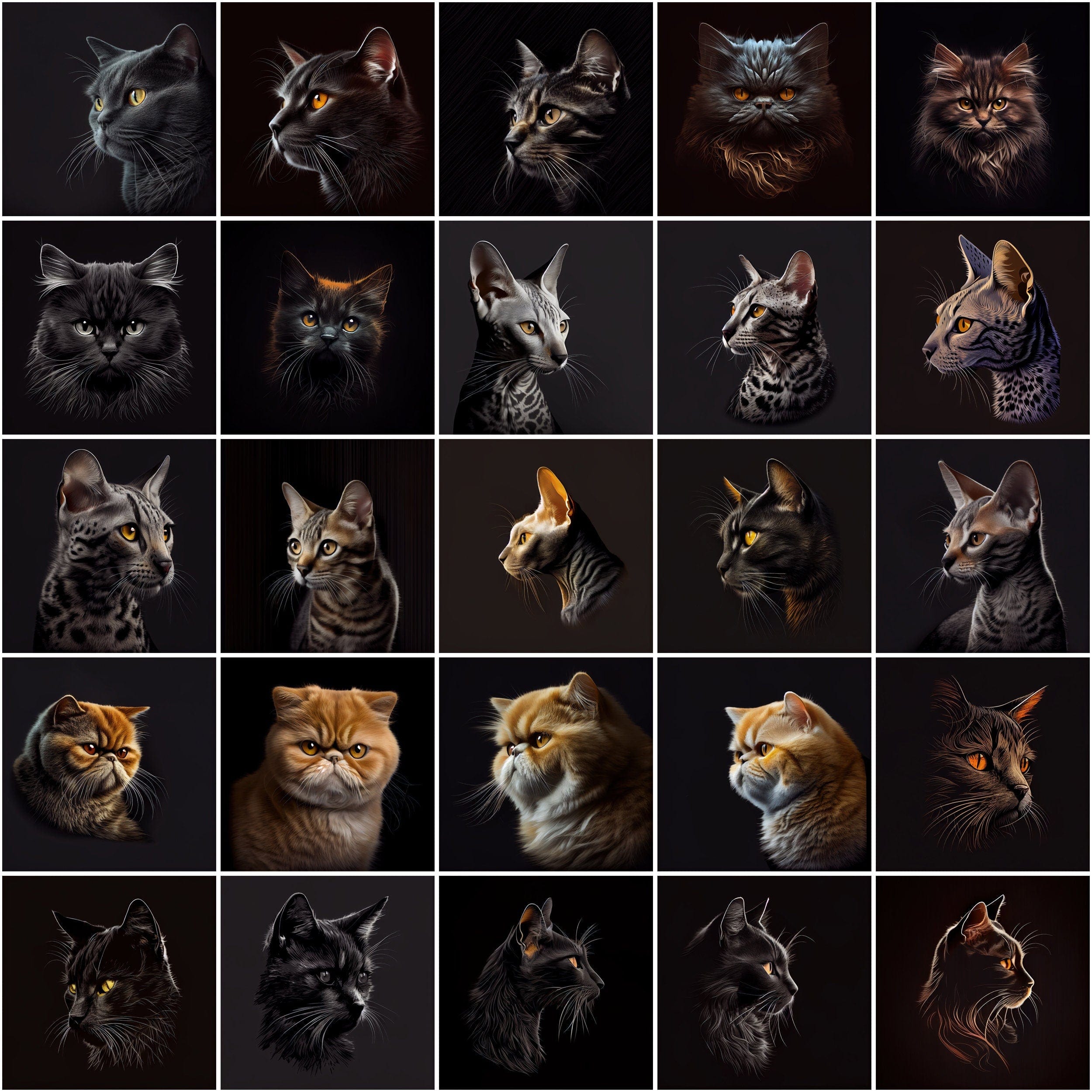 Cat Breeds Around the World, 480 Cat Breed Images with Commercial License, Cat clipart with different breeds isolated on black bakground Digital Download Sumobundle