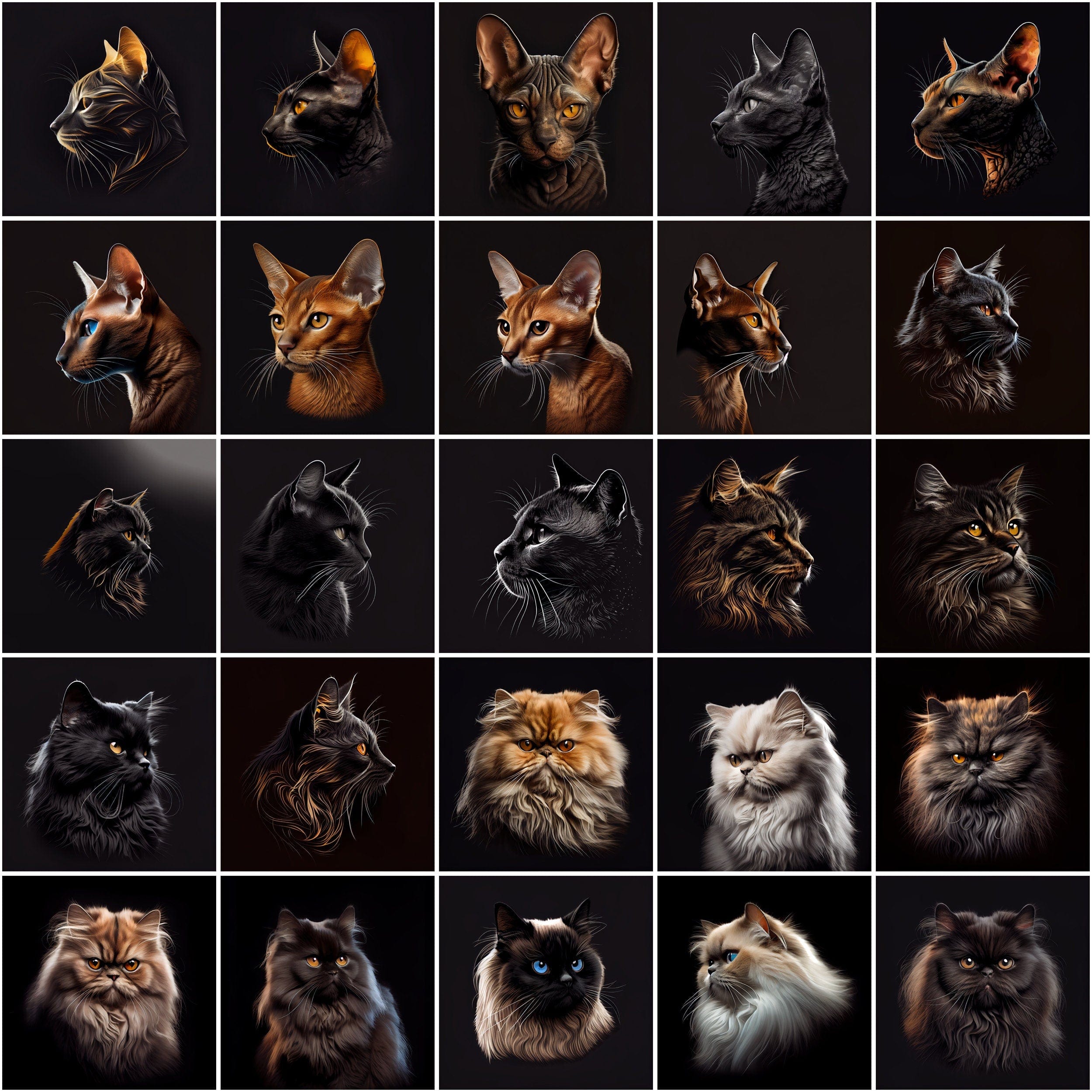 Cat Breeds Around the World, 480 Cat Breed Images with Commercial License, Cat clipart with different breeds isolated on black bakground Digital Download Sumobundle