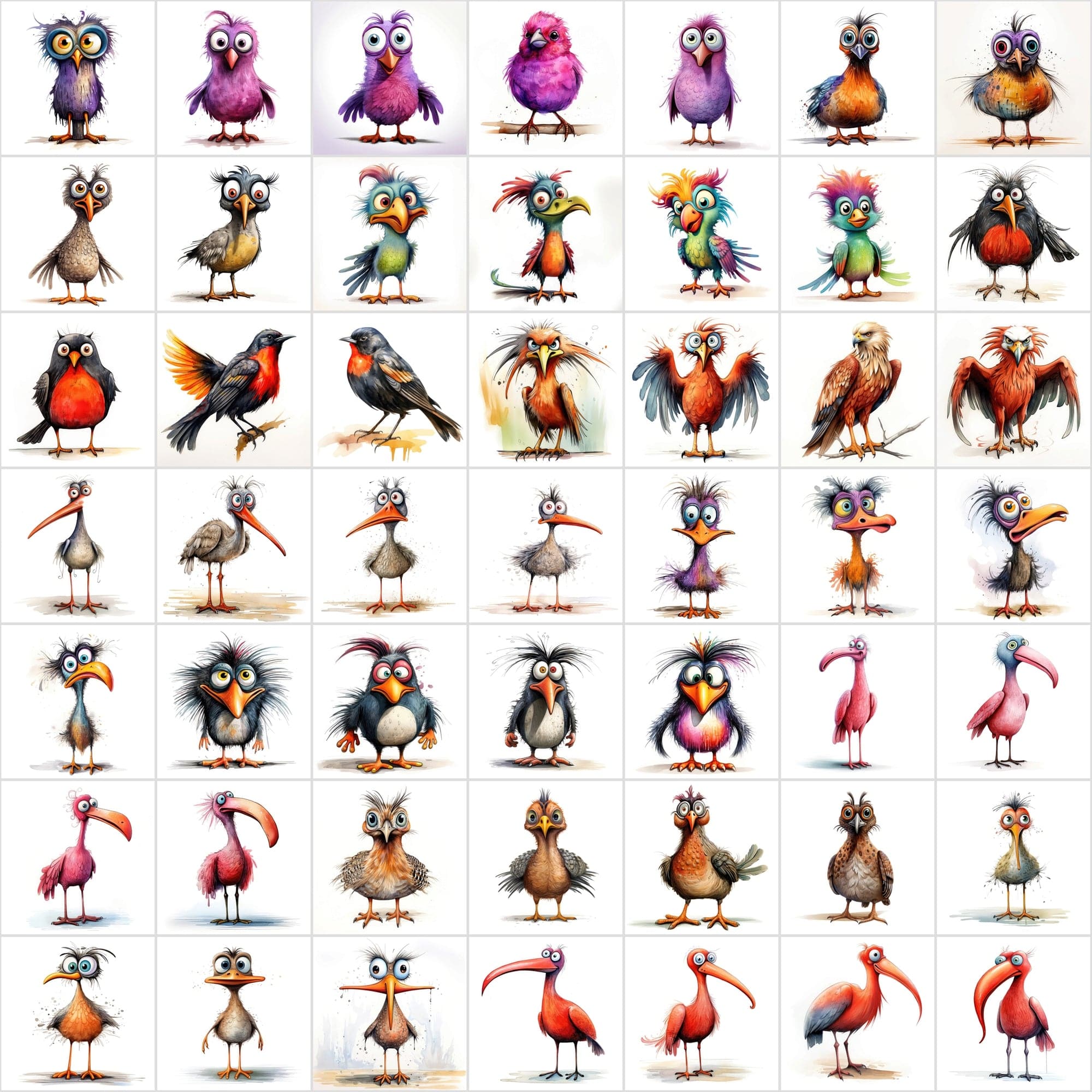 Colorful Birds with Big Eyes: 590 JPG & PNG Images – Funny Look Digital Download Sumobundle