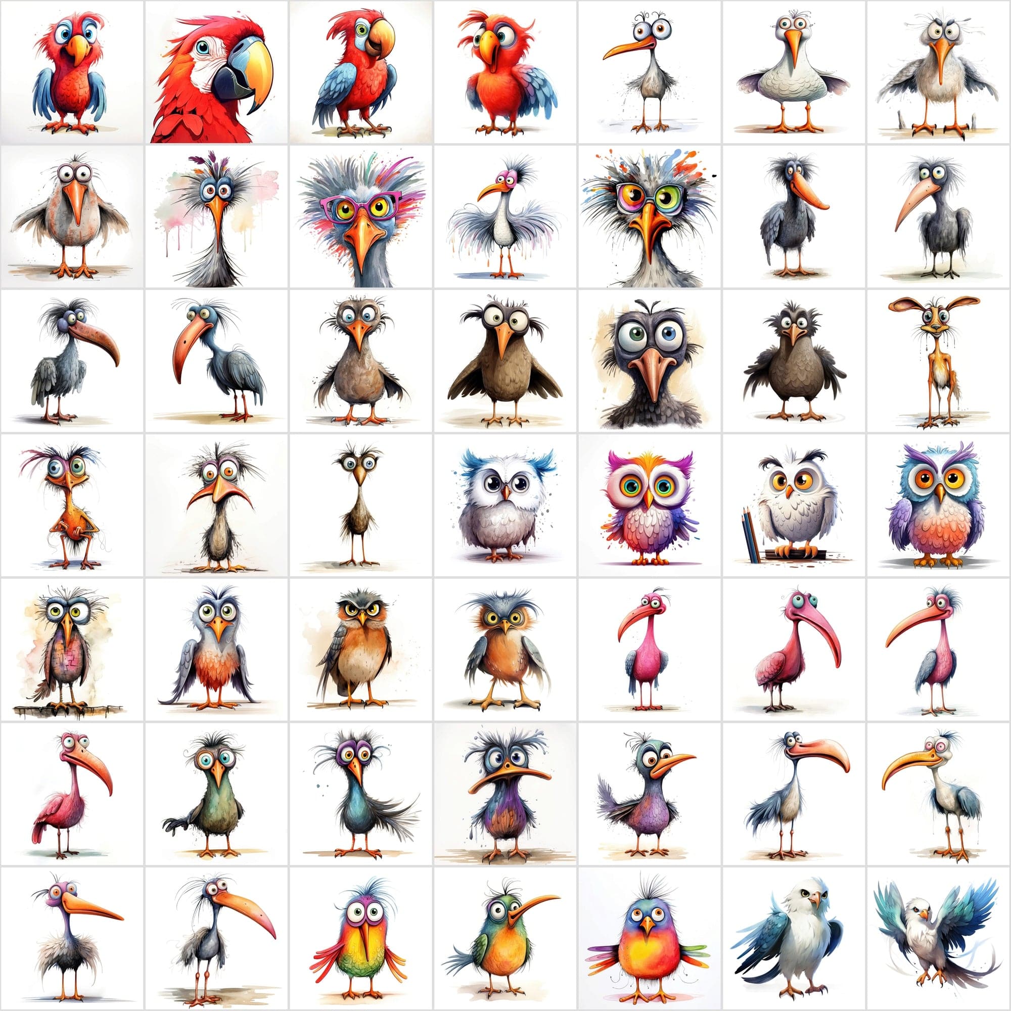 Colorful Birds with Big Eyes: 590 JPG & PNG Images – Funny Look Digital Download Sumobundle