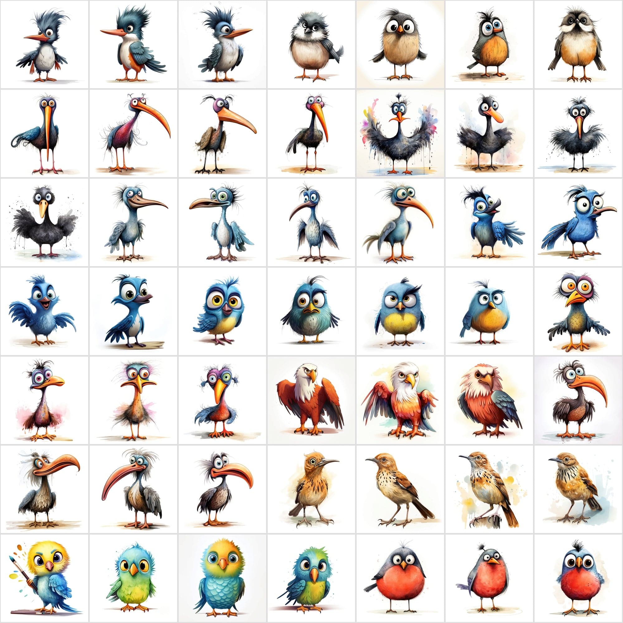Colorful Birds with Big Eyes: 590 JPG & PNG Images – Funny Look Digital Download Sumobundle
