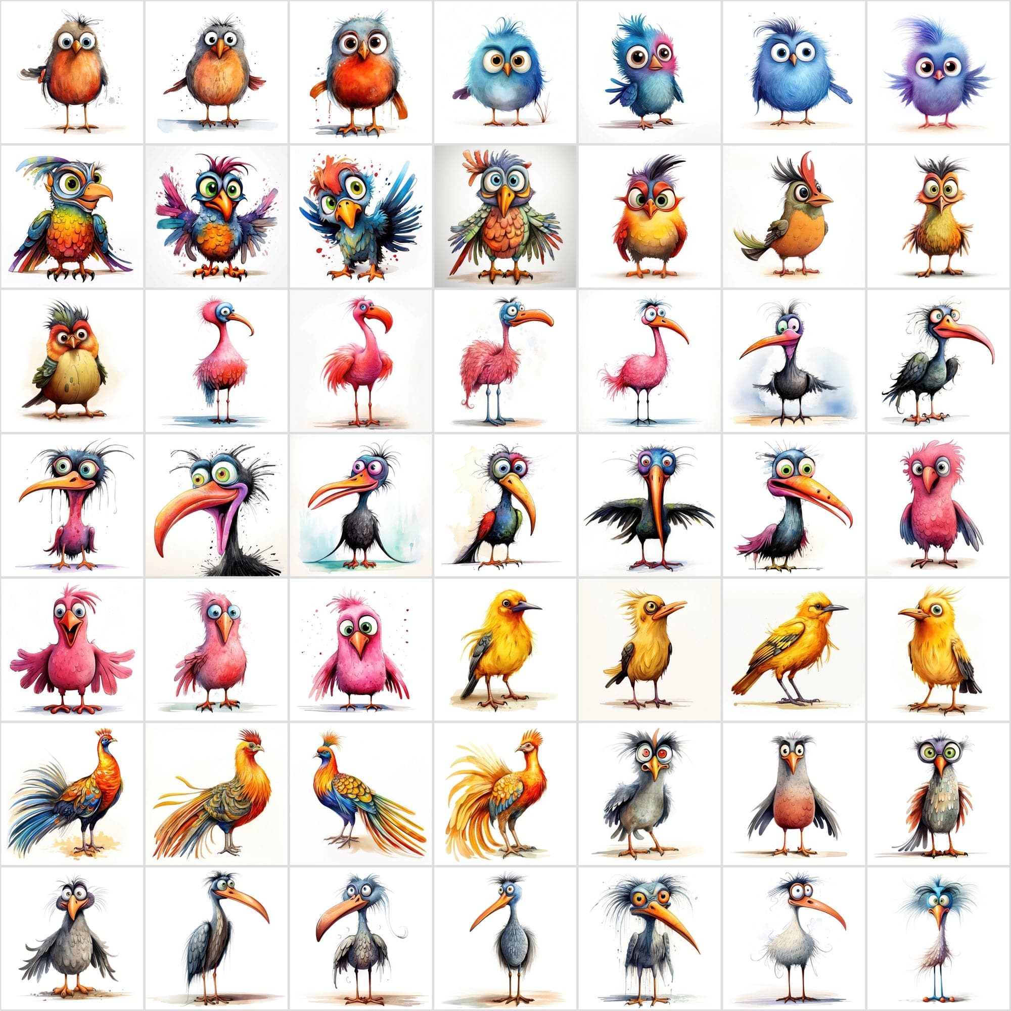 Colorful Birds with Big Eyes: 590 JPG & PNG Images – Funny Look Digital Download Sumobundle