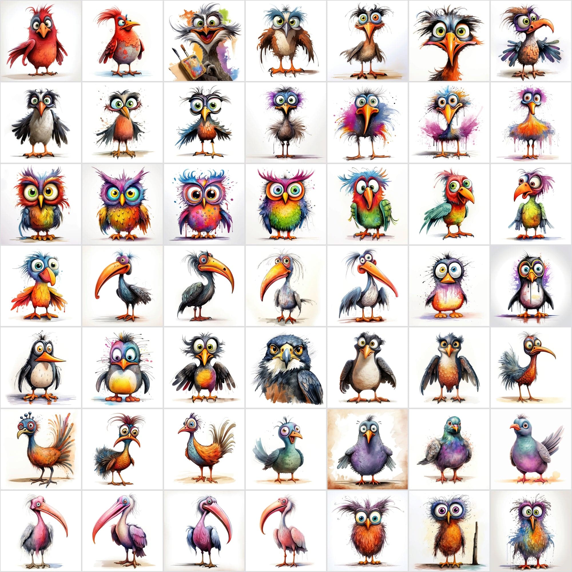 Colorful Birds with Big Eyes: 590 JPG & PNG Images – Funny Look Digital Download Sumobundle