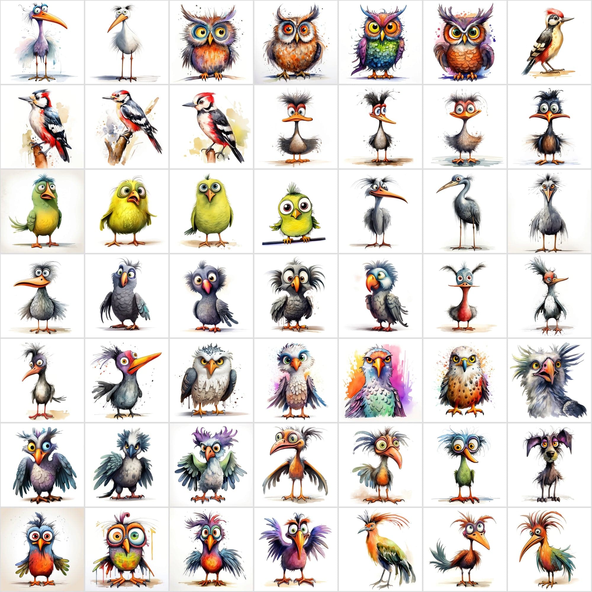 Colorful Birds with Big Eyes: 590 JPG & PNG Images – Funny Look Digital Download Sumobundle