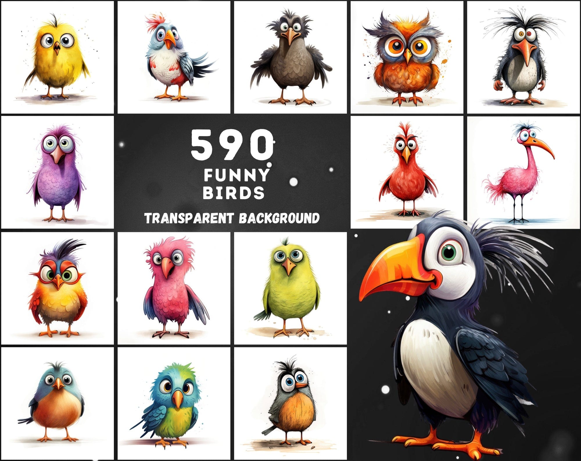 Colorful Birds with Big Eyes: 590 JPG & PNG Images – Funny Look Digital Download Sumobundle