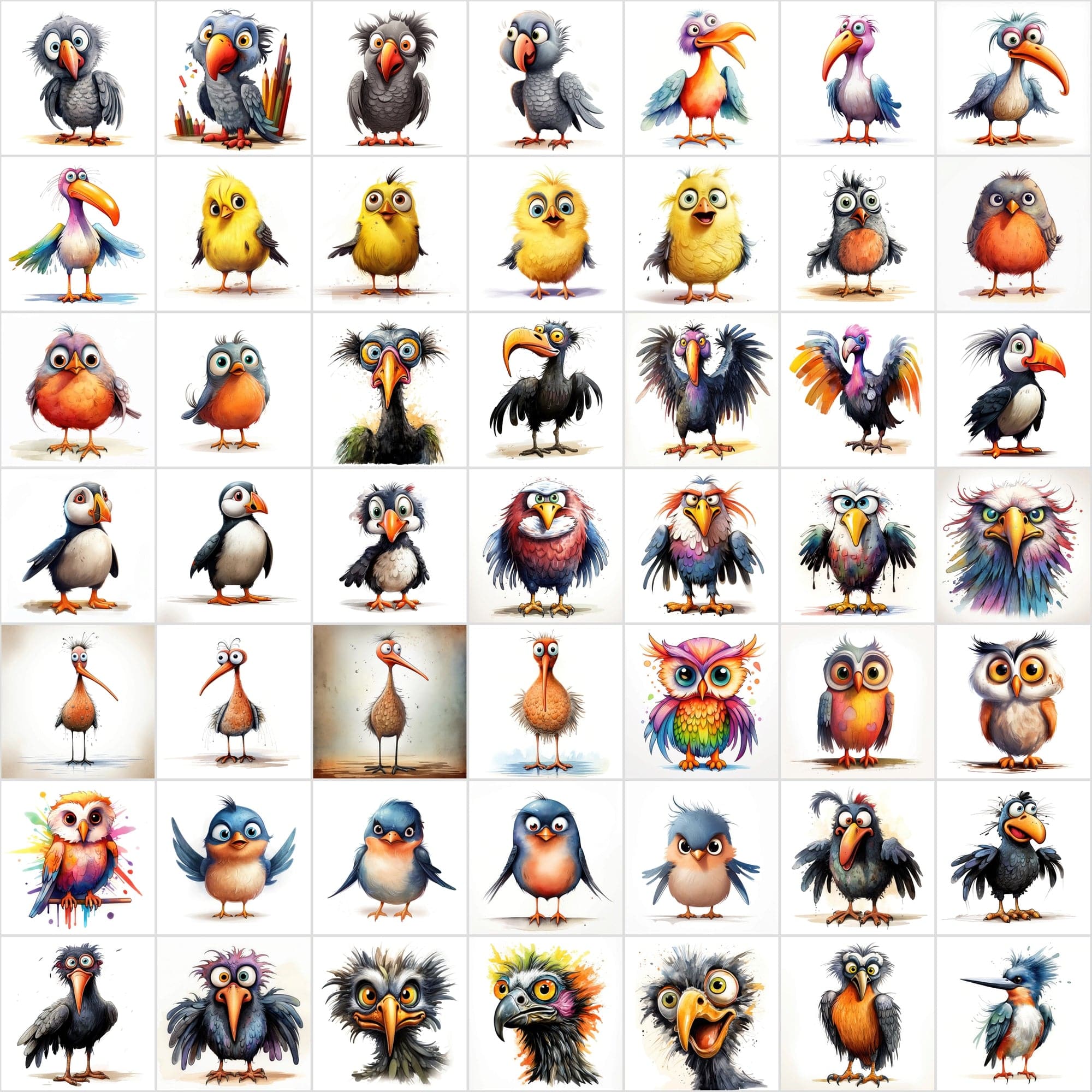 Colorful Birds with Big Eyes: 590 JPG & PNG Images – Funny Look Digital Download Sumobundle