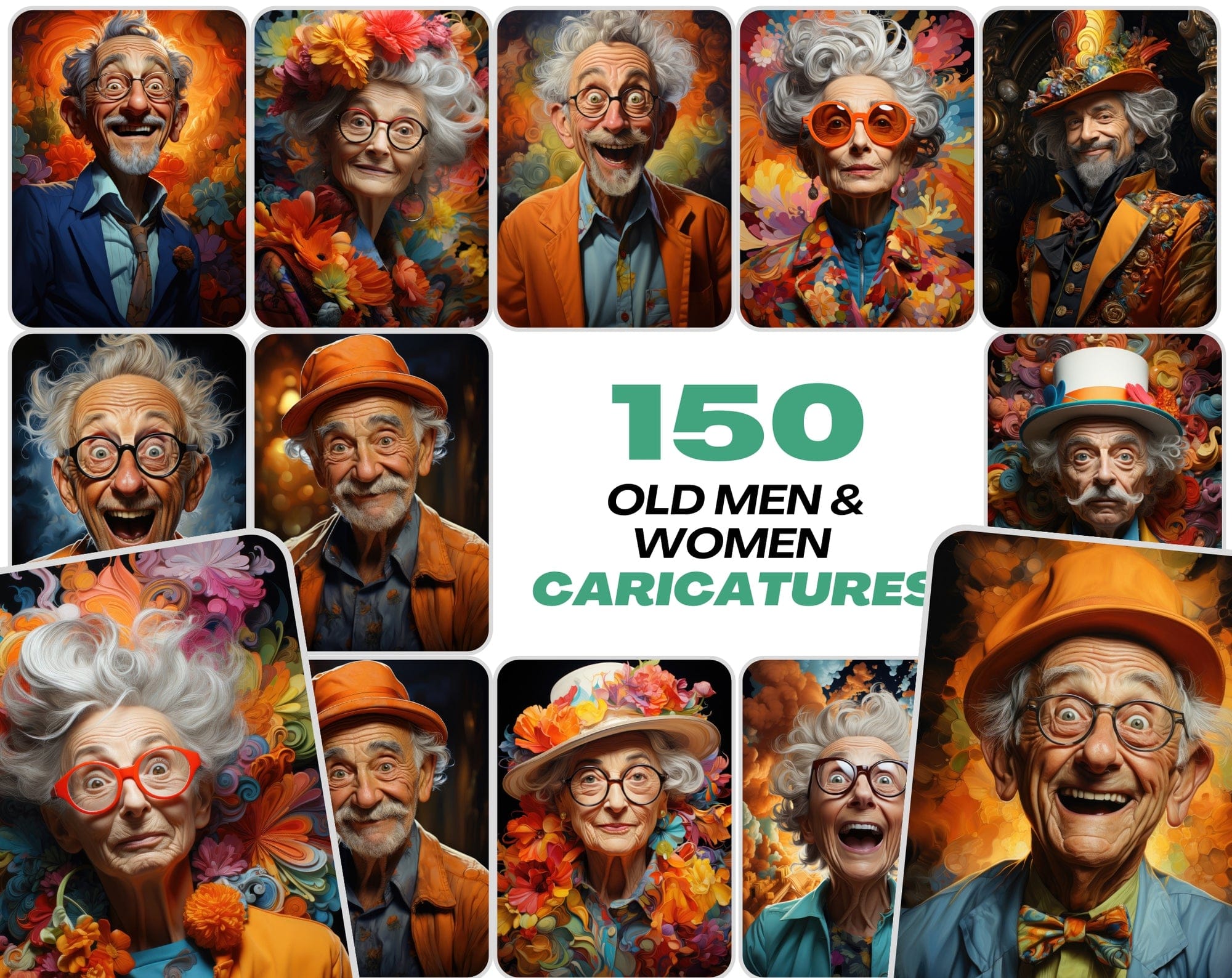 Colorful Old Men & Women Caricature Collection Digital Download Sumobundle