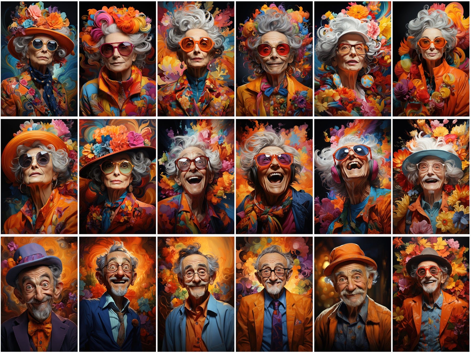 Colorful Old Men & Women Caricature Collection Digital Download Sumobundle