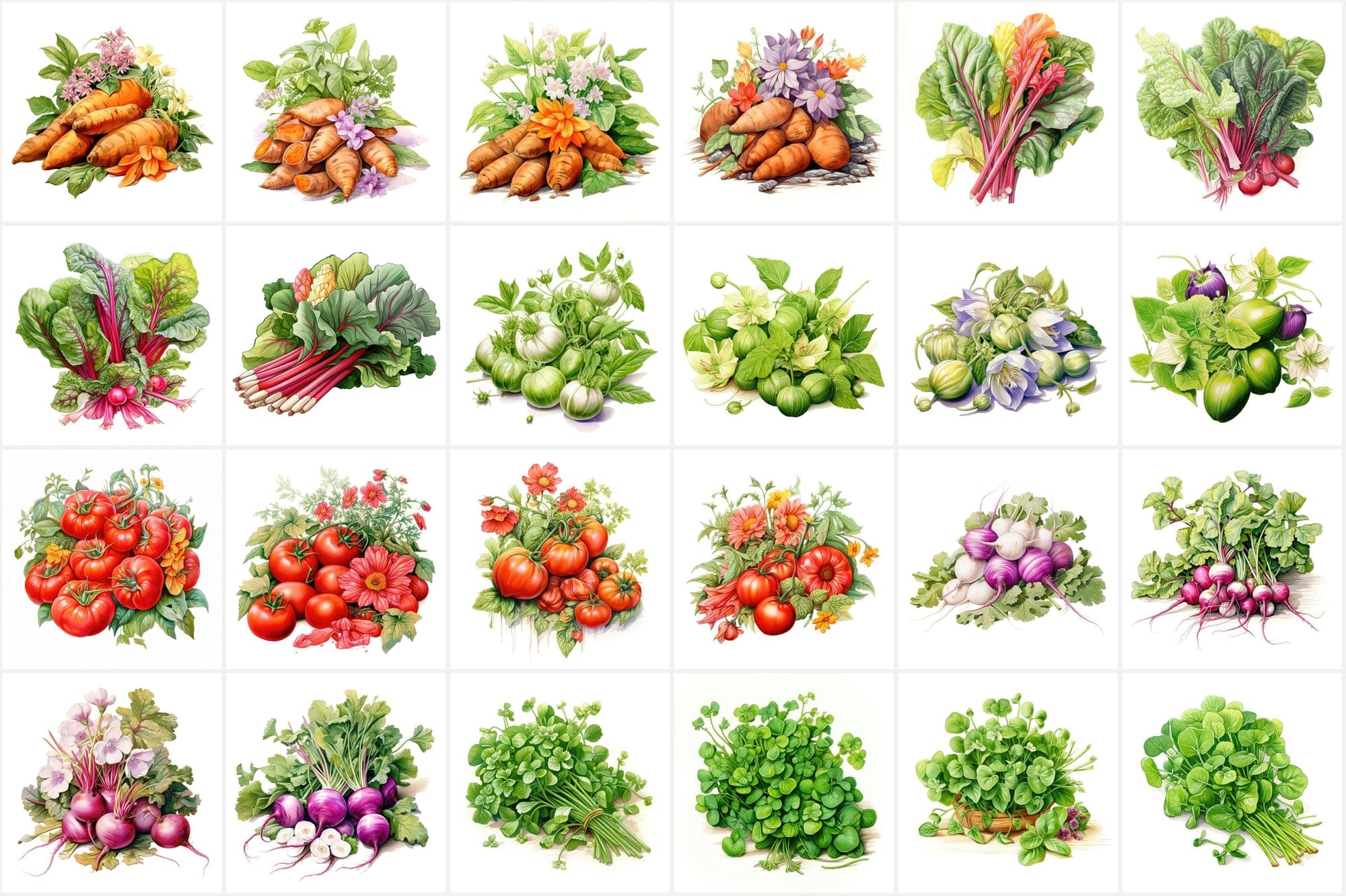 Colorful Vegetable Images with Flowers & Leaves - High Resolution PNG Files with Commercial License Digital Download Sumobundle