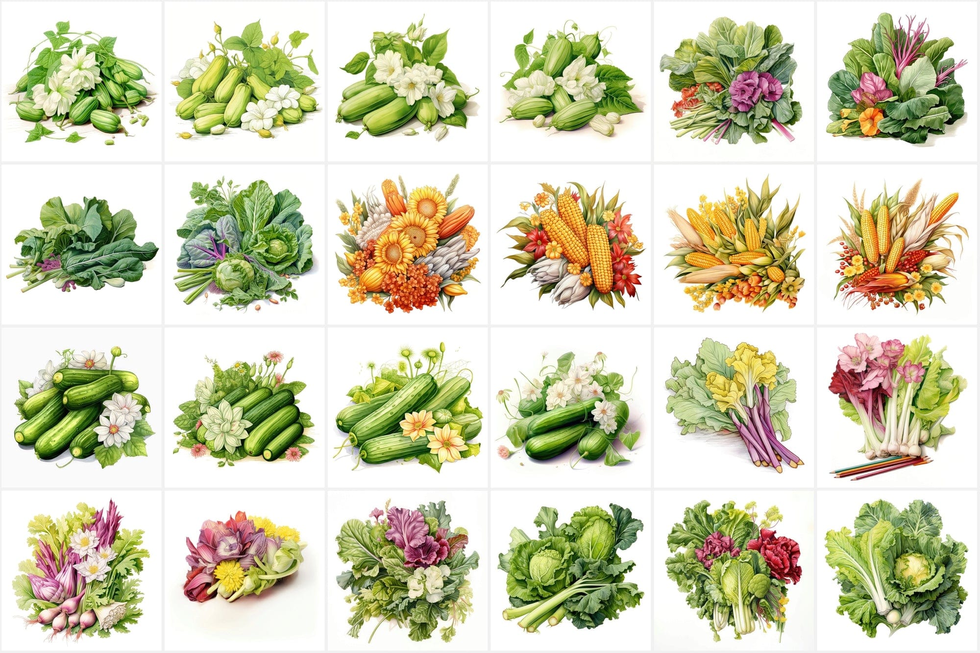 Colorful Vegetable Images with Flowers & Leaves - High Resolution PNG Files with Commercial License Digital Download Sumobundle