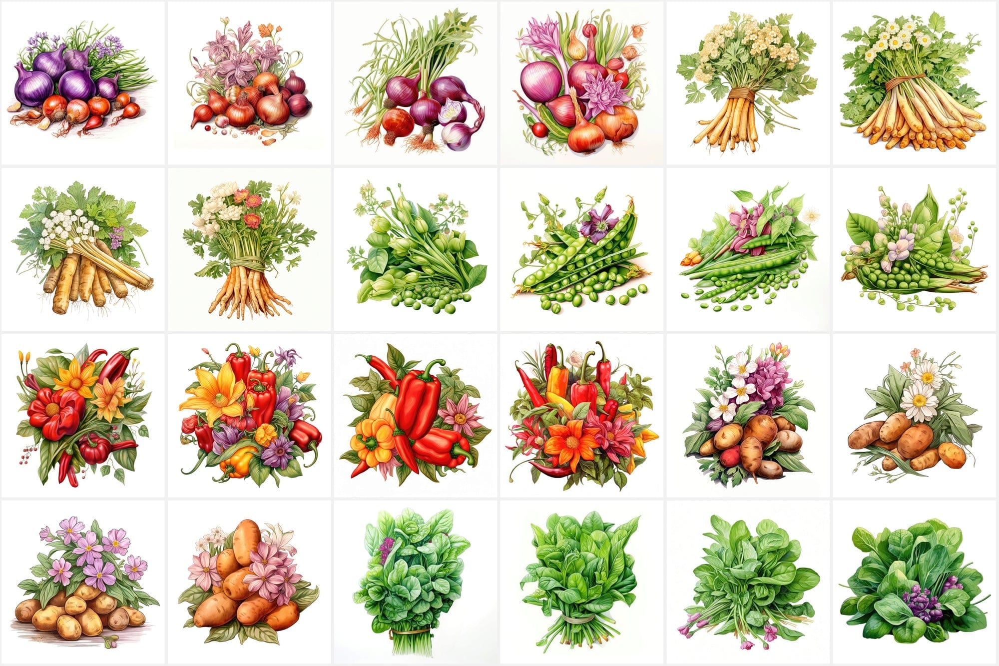 Colorful Vegetable Images with Flowers & Leaves - High Resolution PNG Files with Commercial License Digital Download Sumobundle