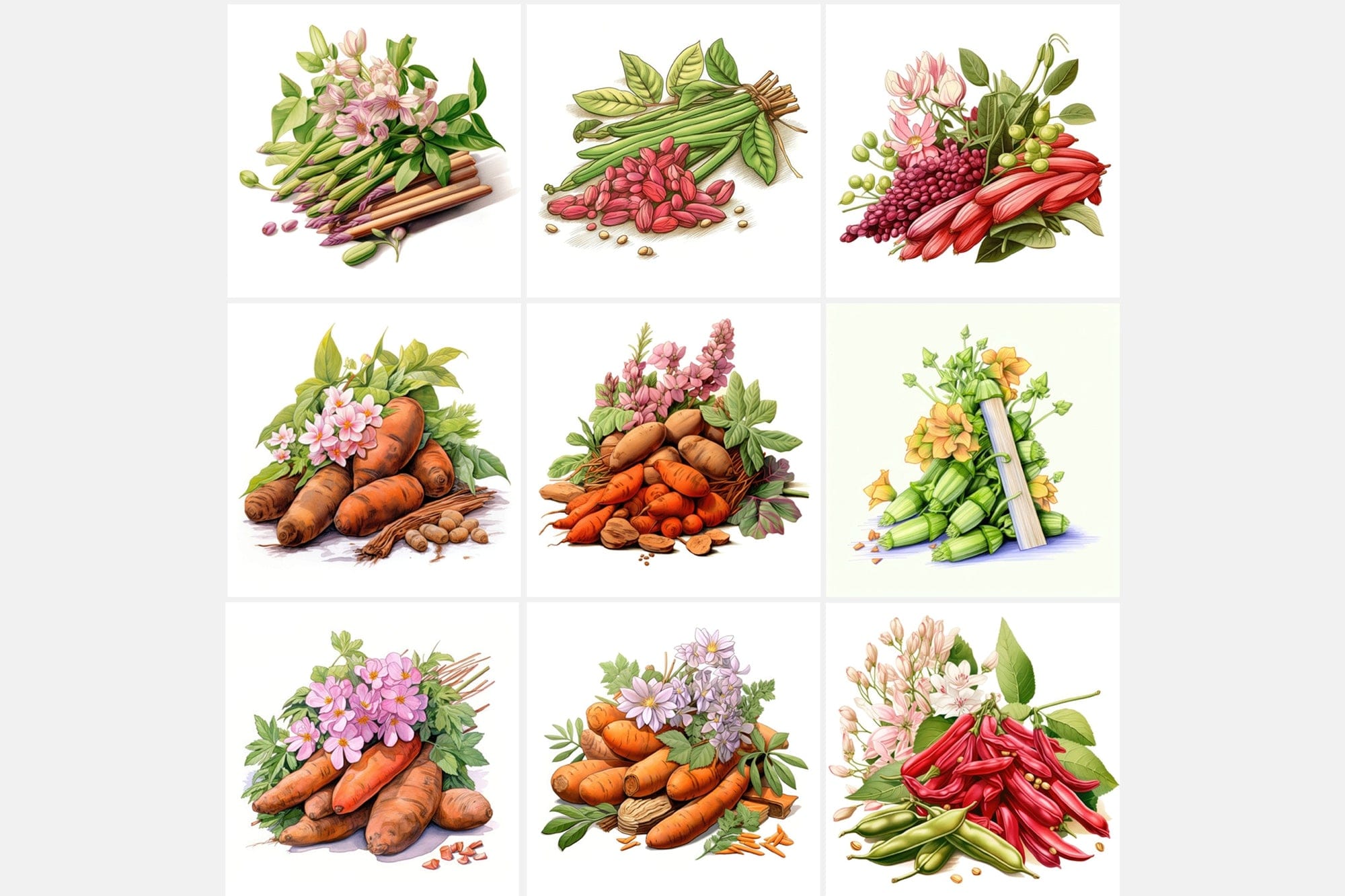 Colorful Vegetable Images with Flowers & Leaves - High Resolution PNG Files with Commercial License Digital Download Sumobundle