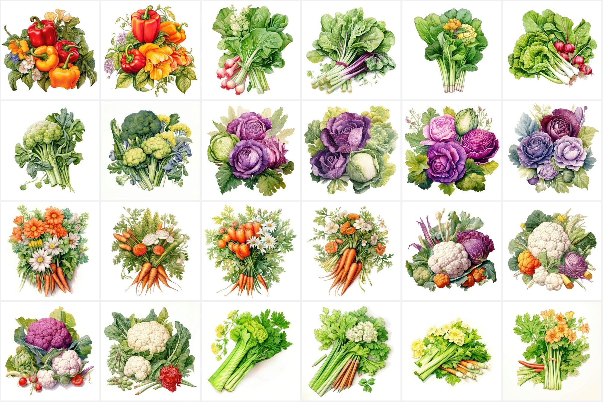 Colorful Vegetable Images with Flowers & Leaves - High Resolution PNG Files with Commercial License Digital Download Sumobundle