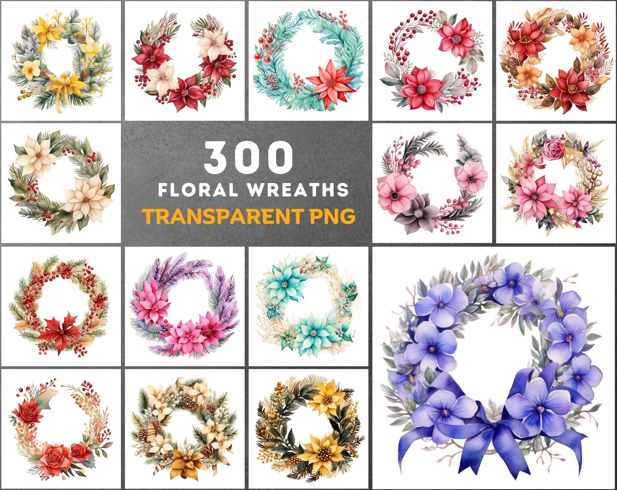 Colorful Watercolor Floral Wreaths, High-Resolution Digital Art, PNG & JPG, Commercial License, Vibrant & Versatile Palette Digital Download Sumobundle