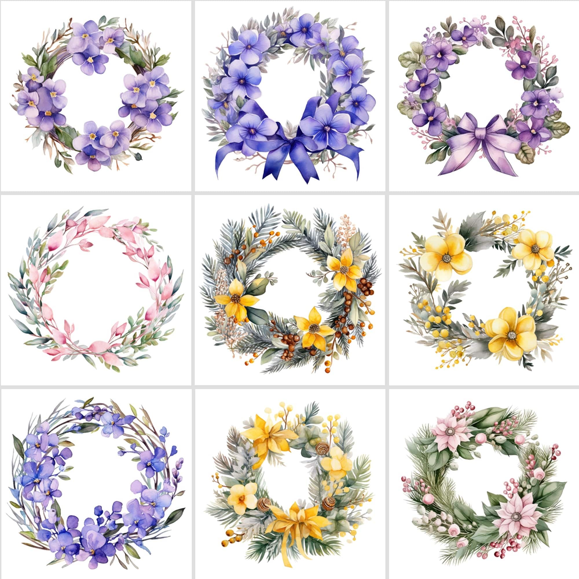 Colorful Watercolor Floral Wreaths, High-Resolution Digital Art, PNG & JPG, Commercial License, Vibrant & Versatile Palette Digital Download Sumobundle