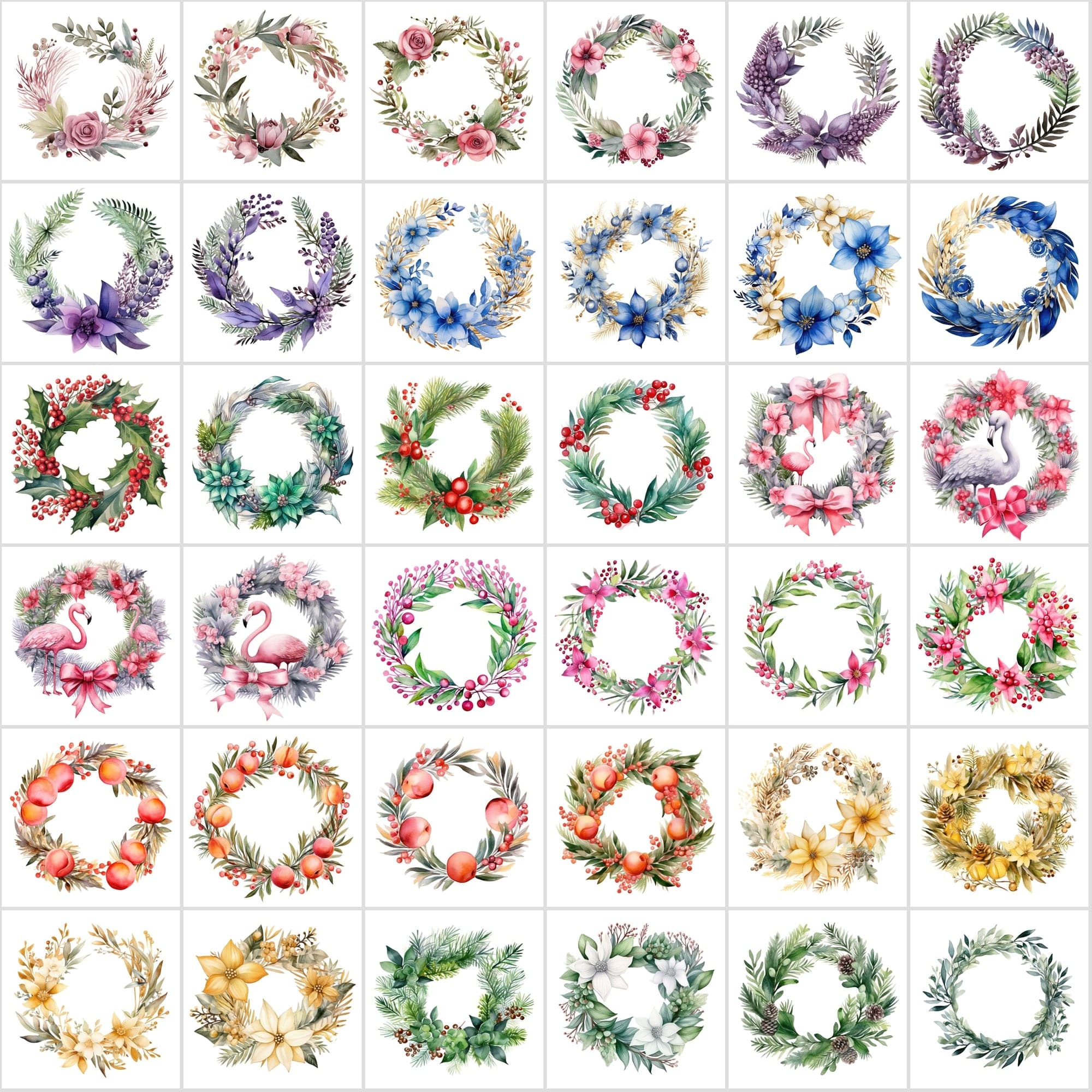Colorful Watercolor Floral Wreaths, High-Resolution Digital Art, PNG & JPG, Commercial License, Vibrant & Versatile Palette Digital Download Sumobundle