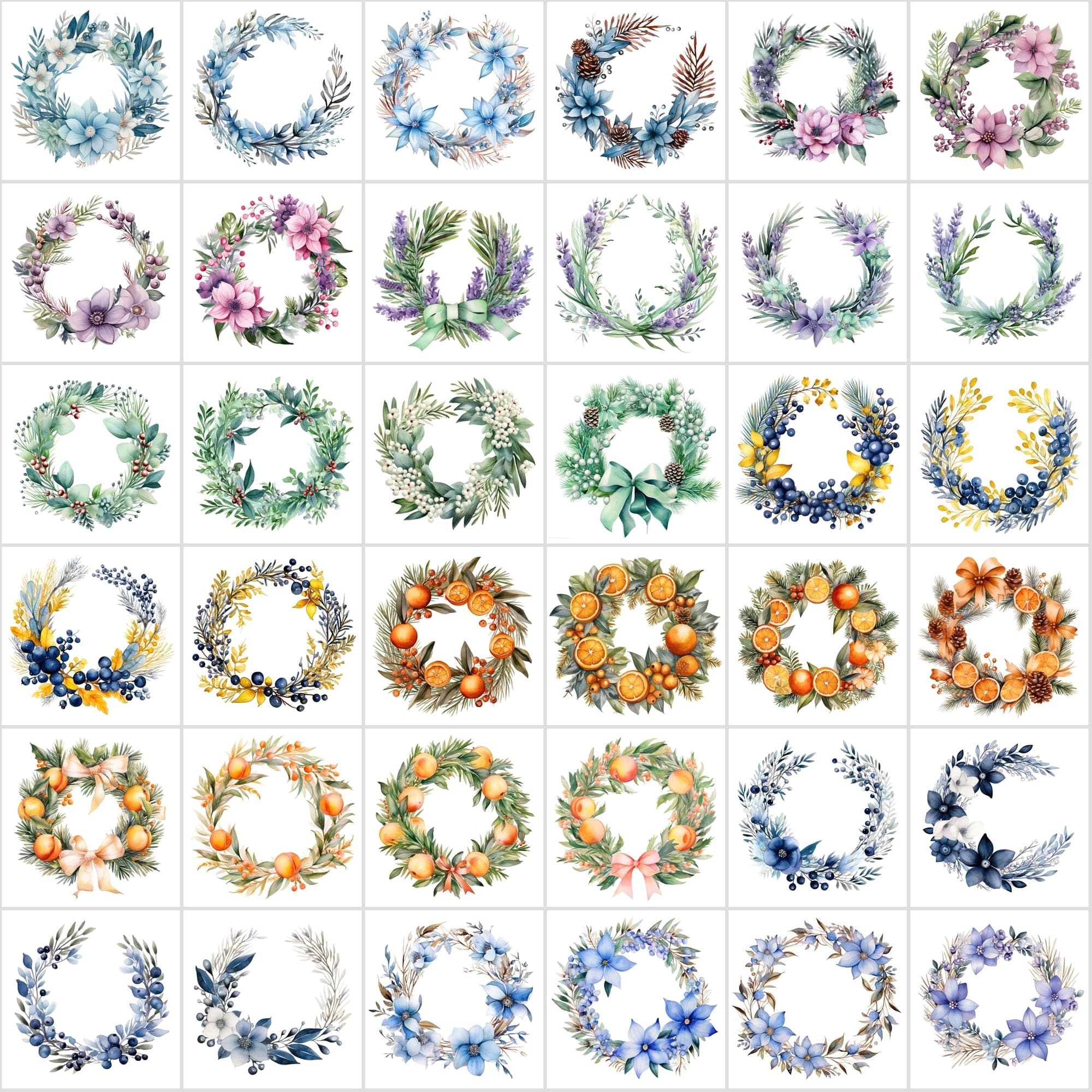Colorful Watercolor Floral Wreaths, High-Resolution Digital Art, PNG & JPG, Commercial License, Vibrant & Versatile Palette Digital Download Sumobundle