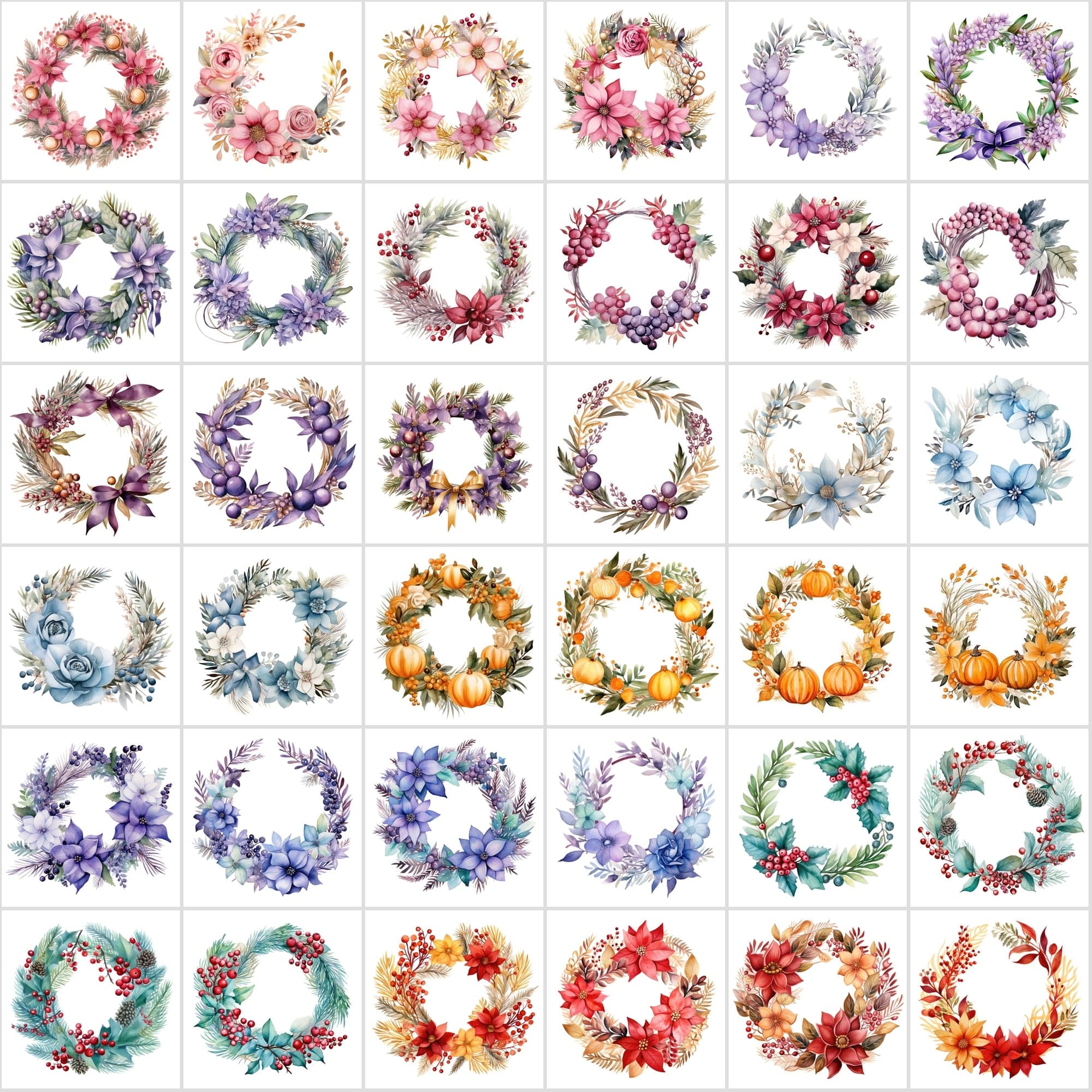 Colorful Watercolor Floral Wreaths, High-Resolution Digital Art, PNG & JPG, Commercial License, Vibrant & Versatile Palette Digital Download Sumobundle