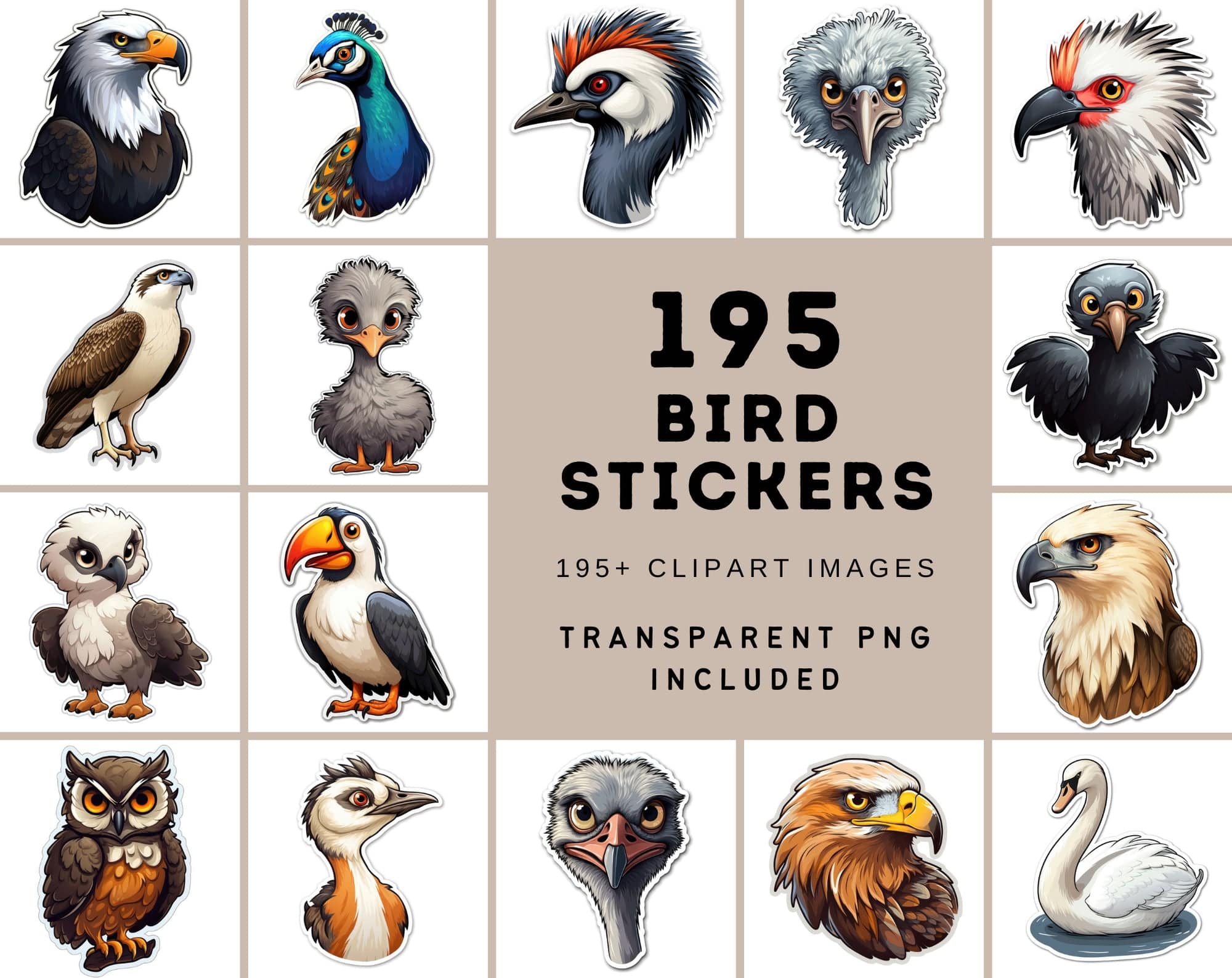 Complete Collection of Bird Stickers: 195 Transparent PNG Images - Commercial License Included. Digital Download Sumobundle