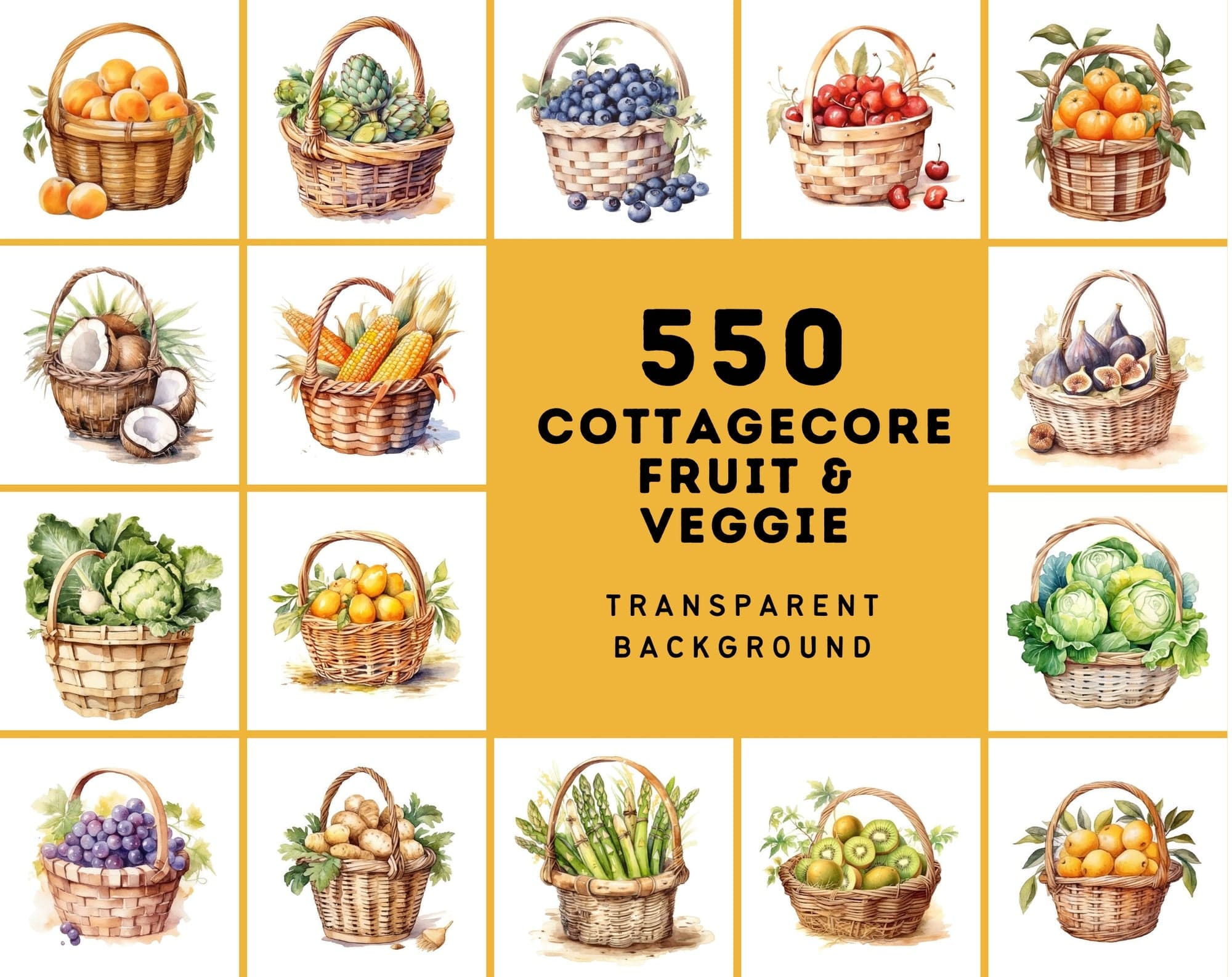 Cottagecore Fruit & Veggie Watercolor Images - Set of 550 images with Transparent Background Digital Download Sumobundle