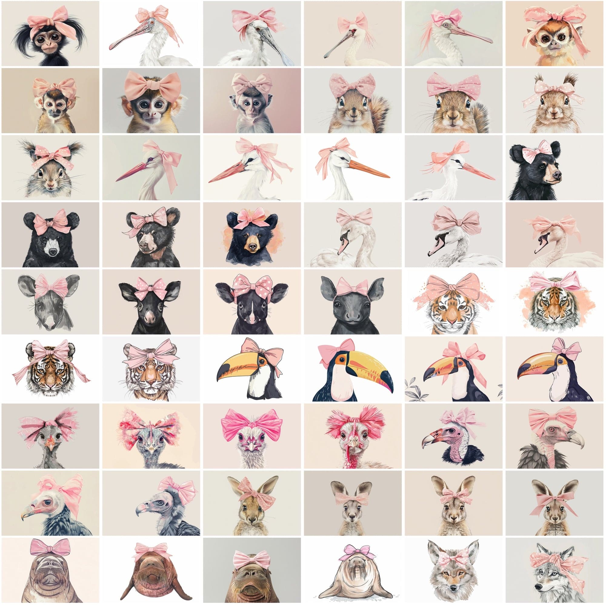Cute Animal Images with Pink Bow - 600 High-Resolution JPGs - Commercial License Included Digital Download Sumobundle