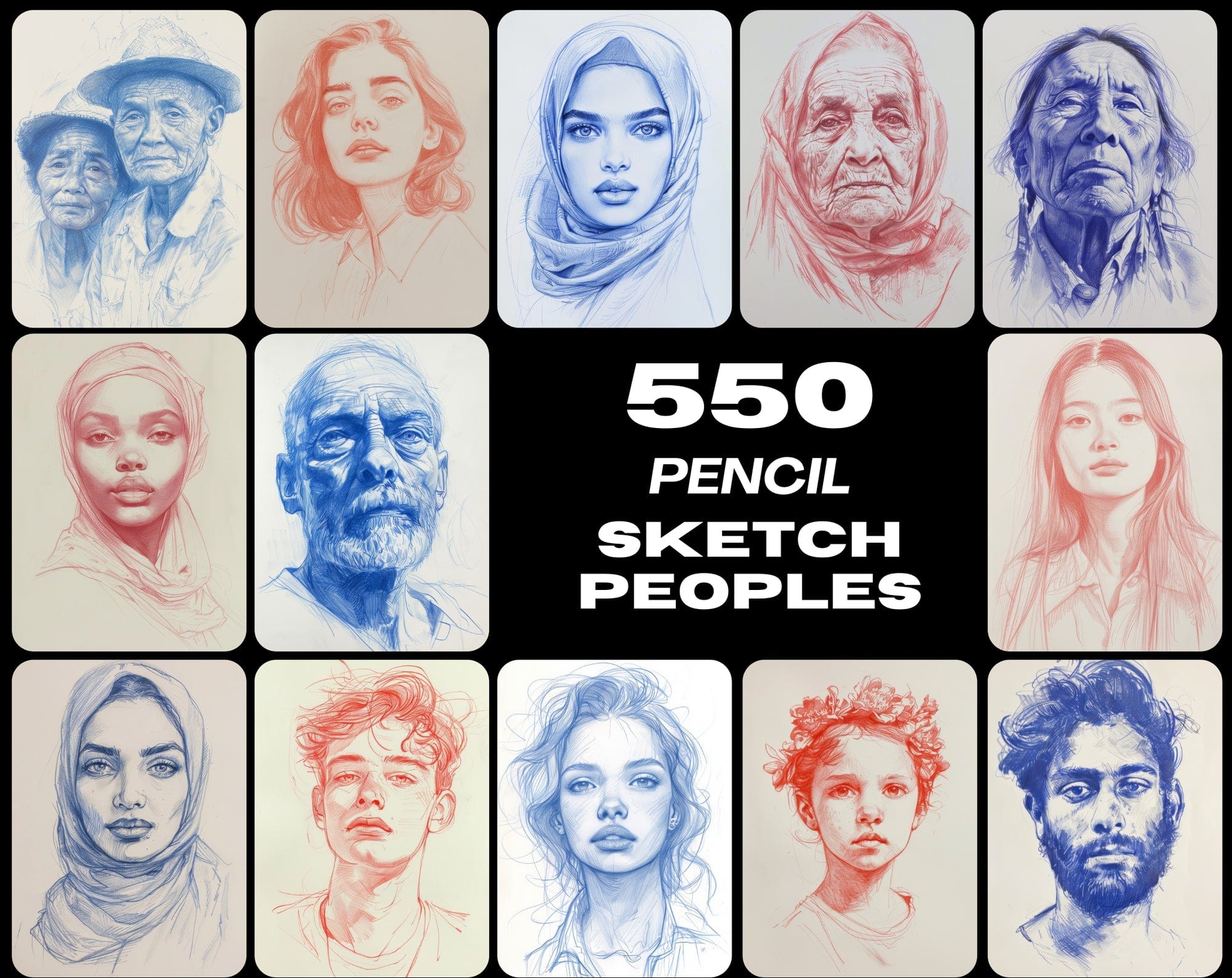 Diverse Global Portraits Collection: Pencil Sketches of People from Various Cultures Digital Download Sumobundle