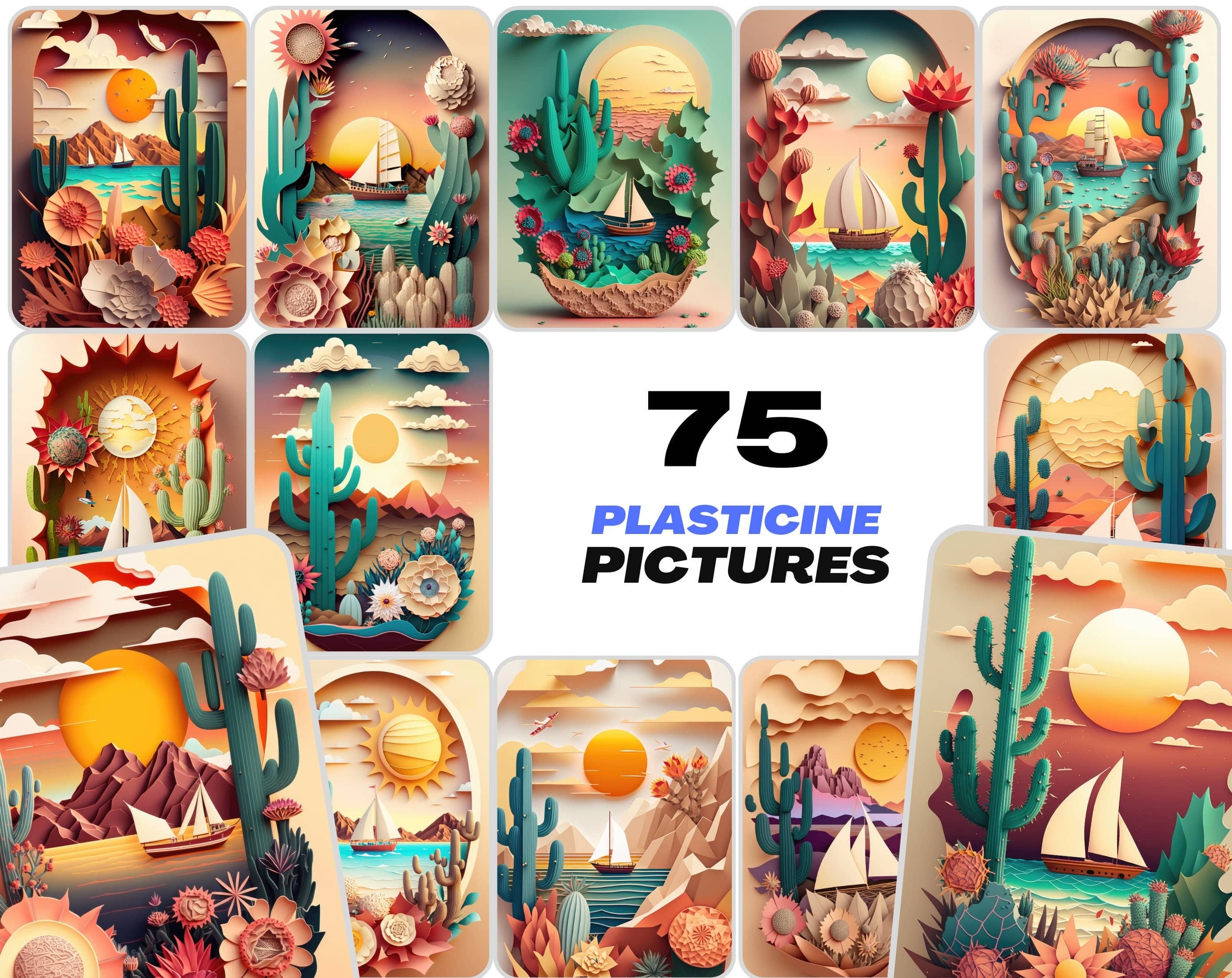 Dreamy Summer Paper Art Bundle - 75 Images - Sun, Sea, Boat, Plants, Cactus, Desert, Flowers, Auspicious Clouds - Paper Cuttings Collection Digital Download Sumobundle