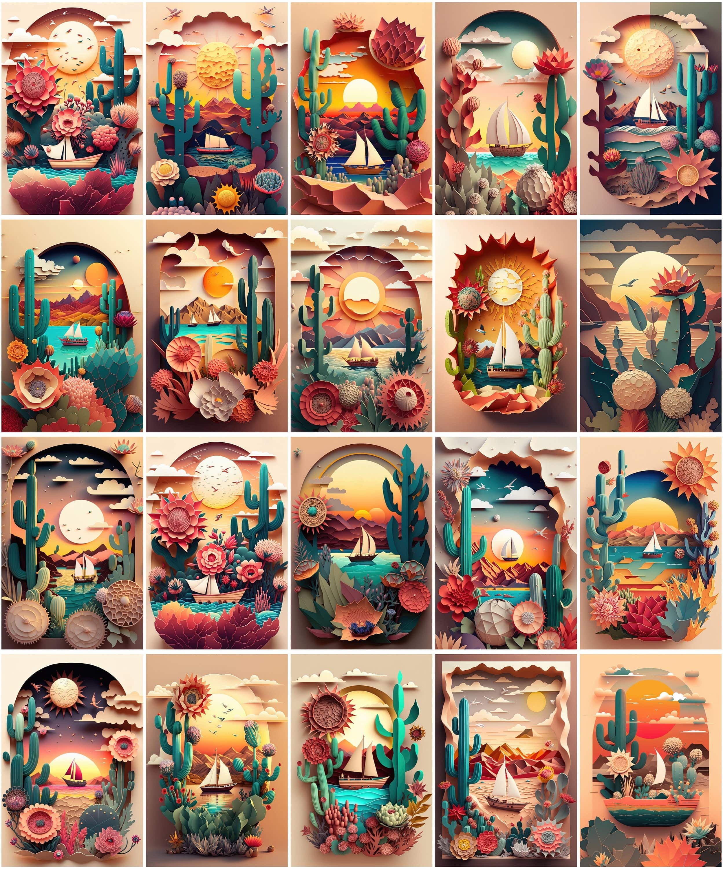 Dreamy Summer Paper Art Bundle - 75 Images - Sun, Sea, Boat, Plants, Cactus, Desert, Flowers, Auspicious Clouds - Paper Cuttings Collection Digital Download Sumobundle