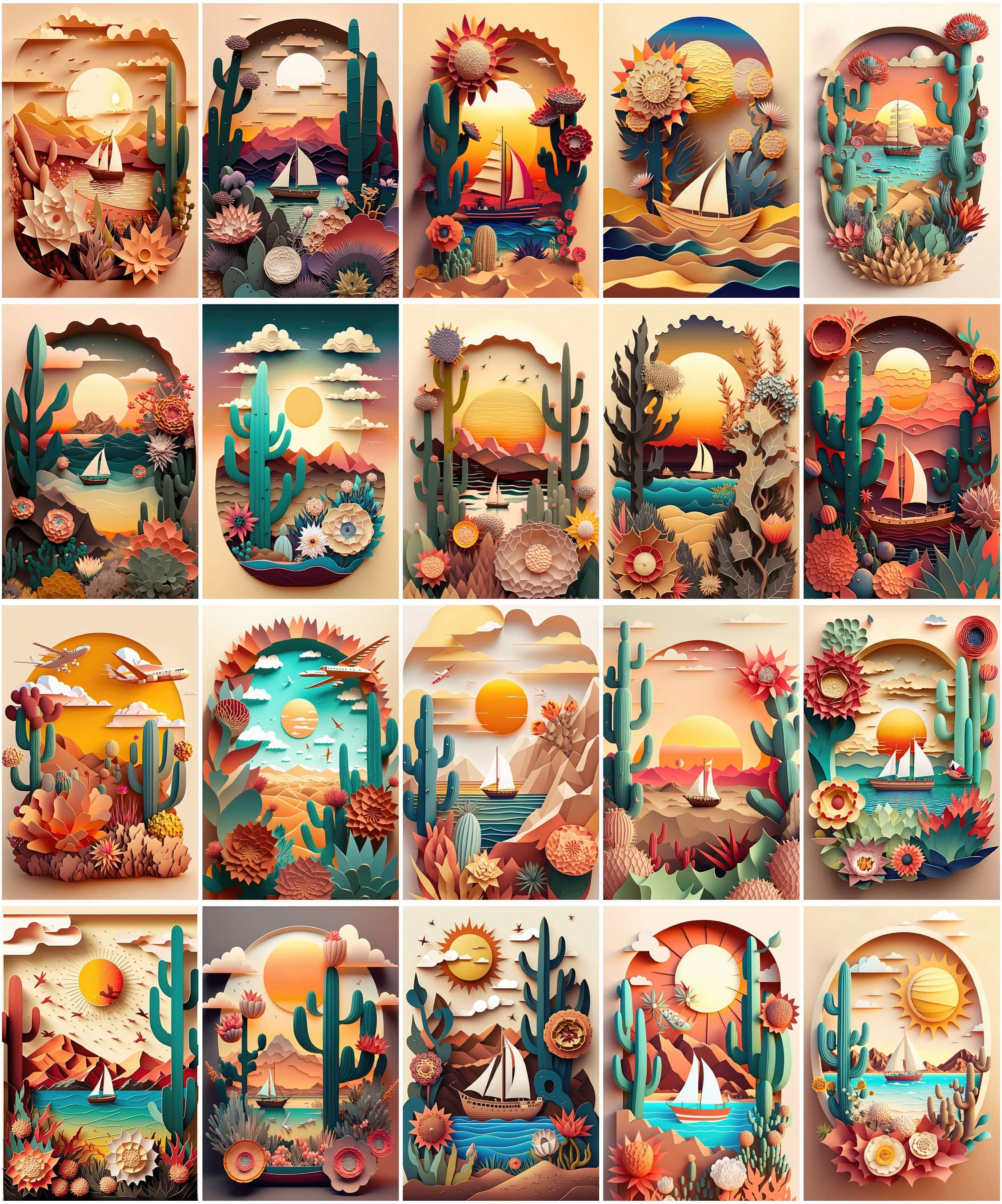 Dreamy Summer Paper Art Bundle - 75 Images - Sun, Sea, Boat, Plants, Cactus, Desert, Flowers, Auspicious Clouds - Paper Cuttings Collection Digital Download Sumobundle