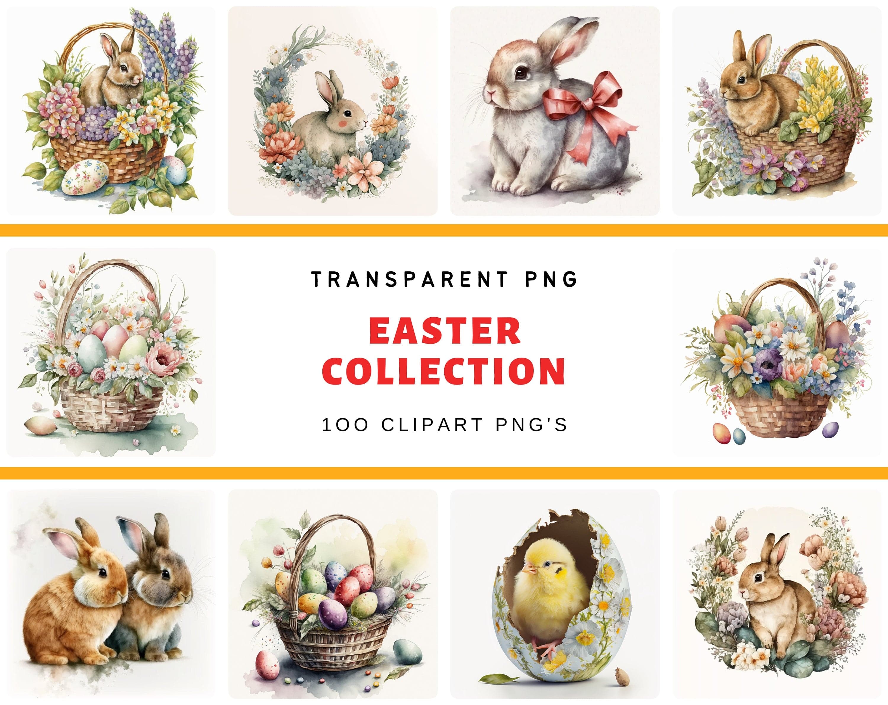Easter Watercolor Clipart Easter bunny rabbit clipart, Spring flowers, Easter basket with eggs, Easter Trasnparent PNG Format Digital Download Sumobundle