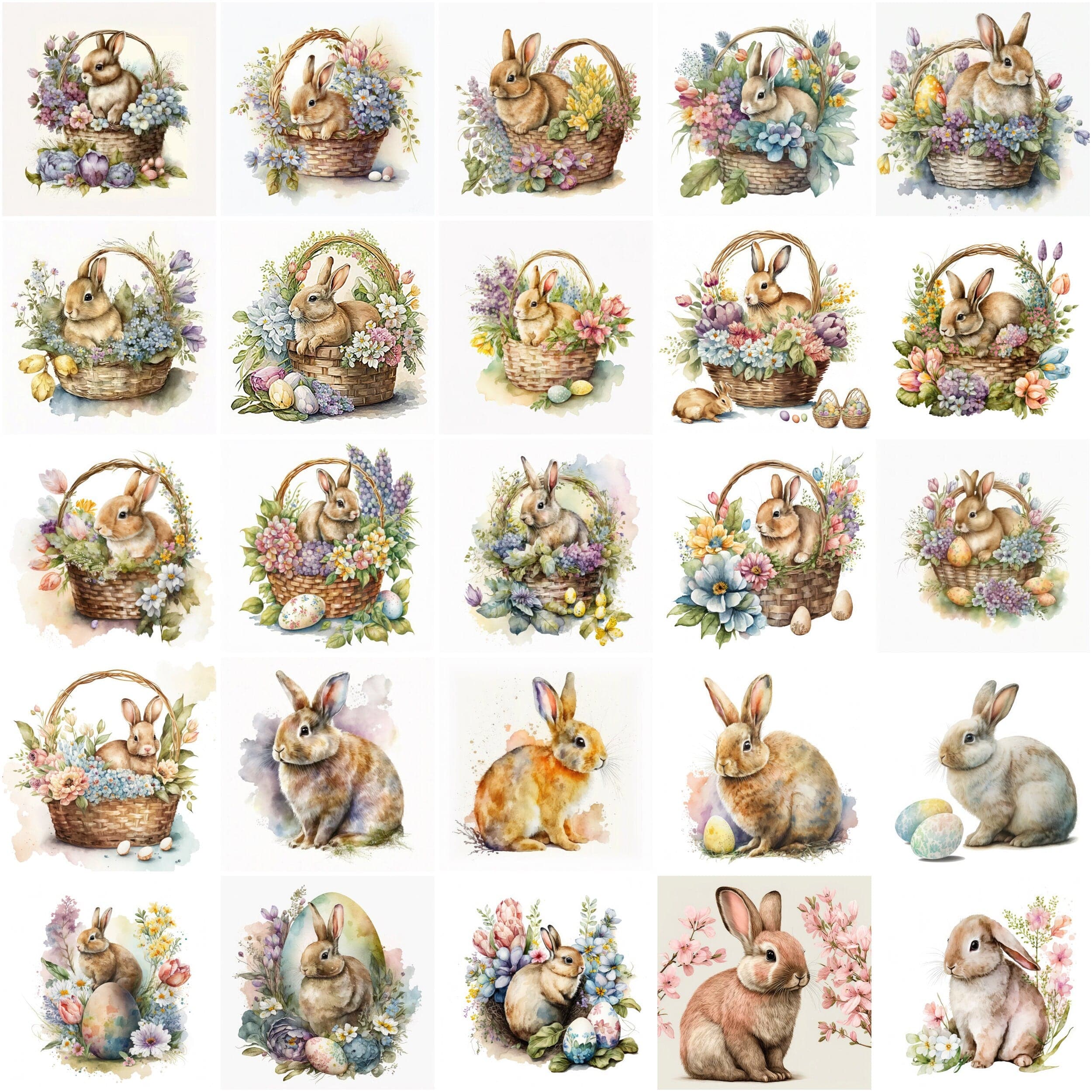 Easter Watercolor Clipart Easter bunny rabbit clipart, Spring flowers, Easter basket with eggs, Easter Trasnparent PNG Format Digital Download Sumobundle