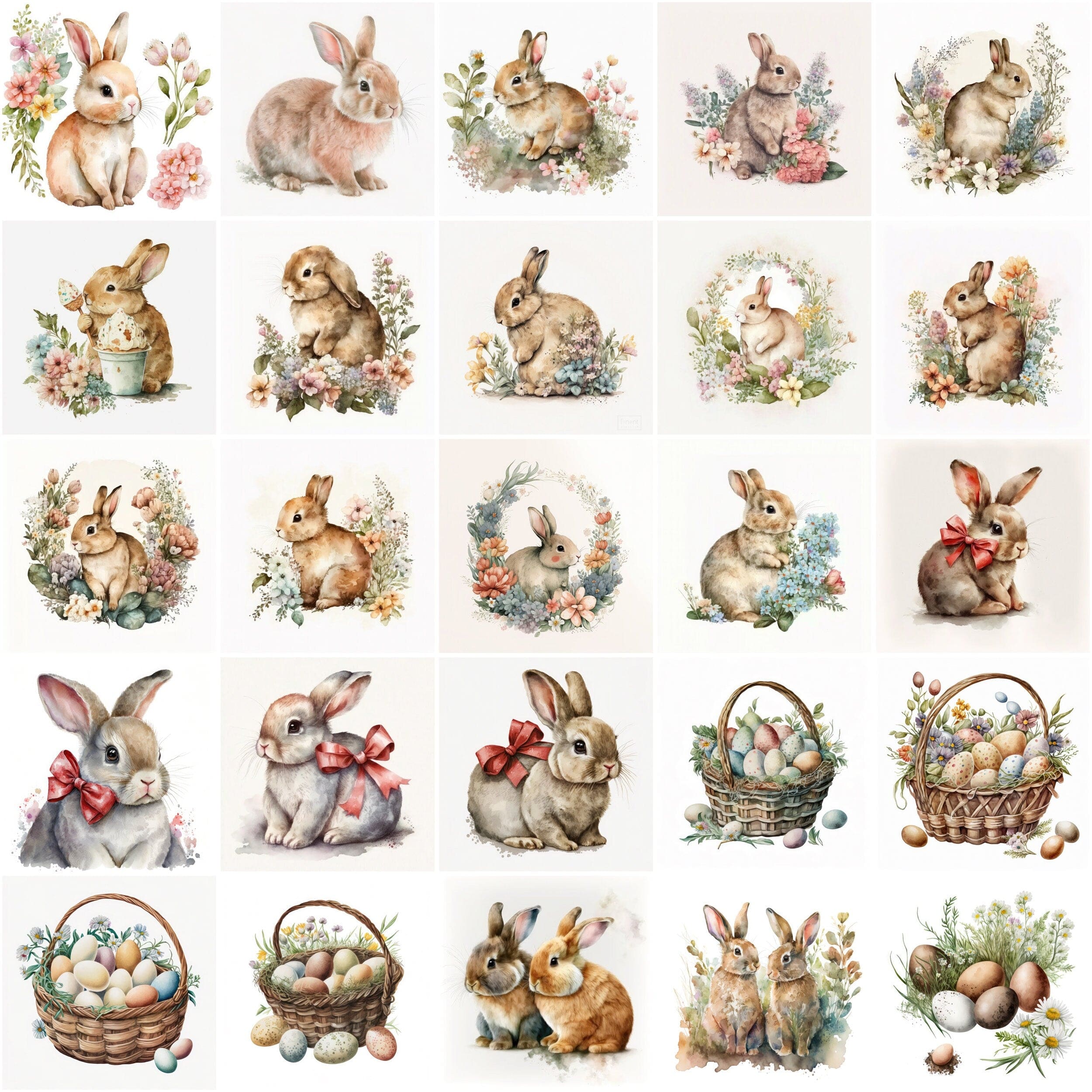 Easter Watercolor Clipart Easter bunny rabbit clipart, Spring flowers, Easter basket with eggs, Easter Trasnparent PNG Format Digital Download Sumobundle